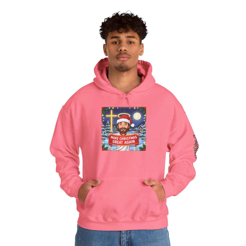 🎄 Make Christmas Great Again – Funny Christian Hoodie | Jesus Holding Banner | Faith-Based Holiday Parody Tee | Uplifted Gear Printify