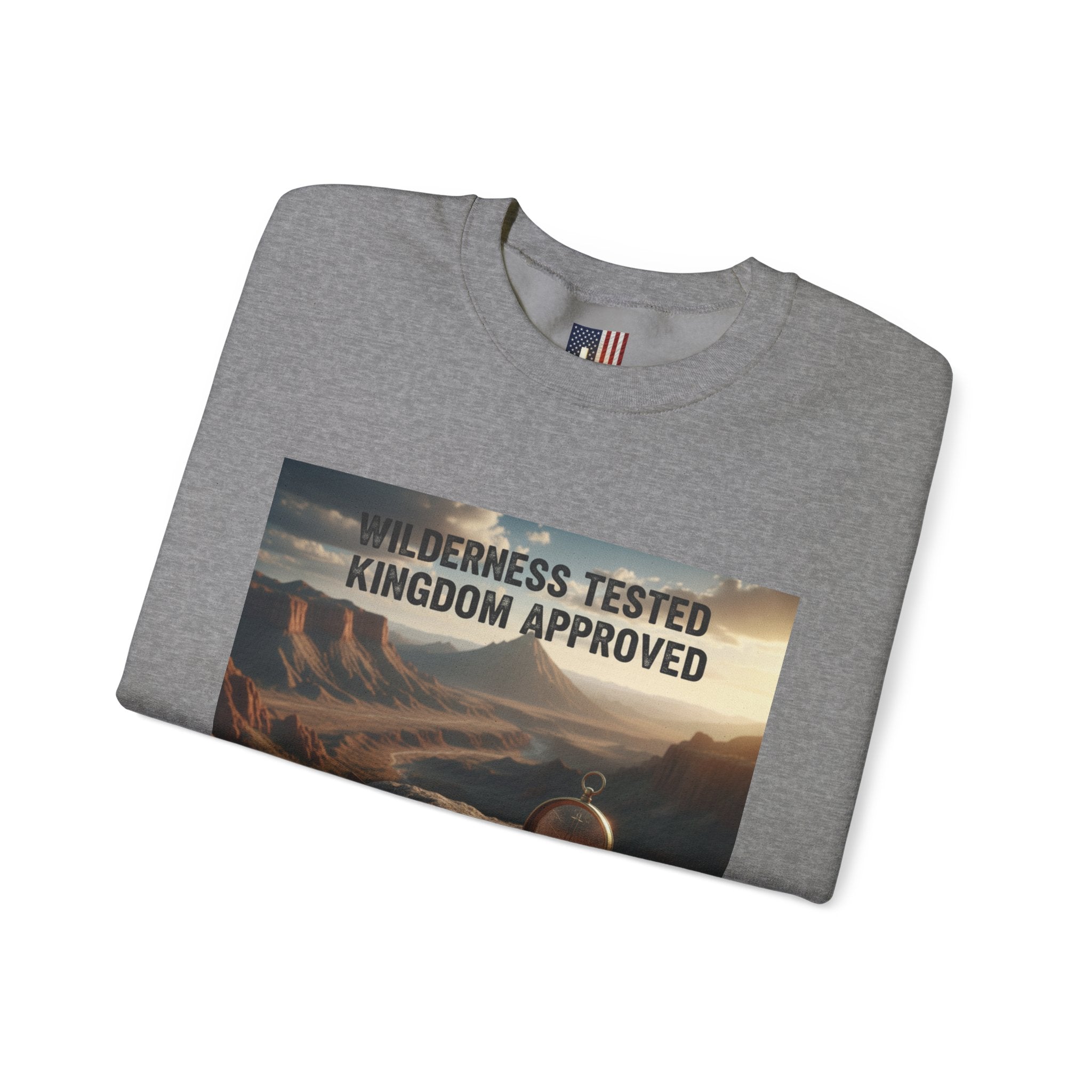 Wilderness Tested Kingdom Approved Sweatshirt – Mountain Desert Compass Crown Christian Sweatshirt for Biblical Adventure Faith Printify