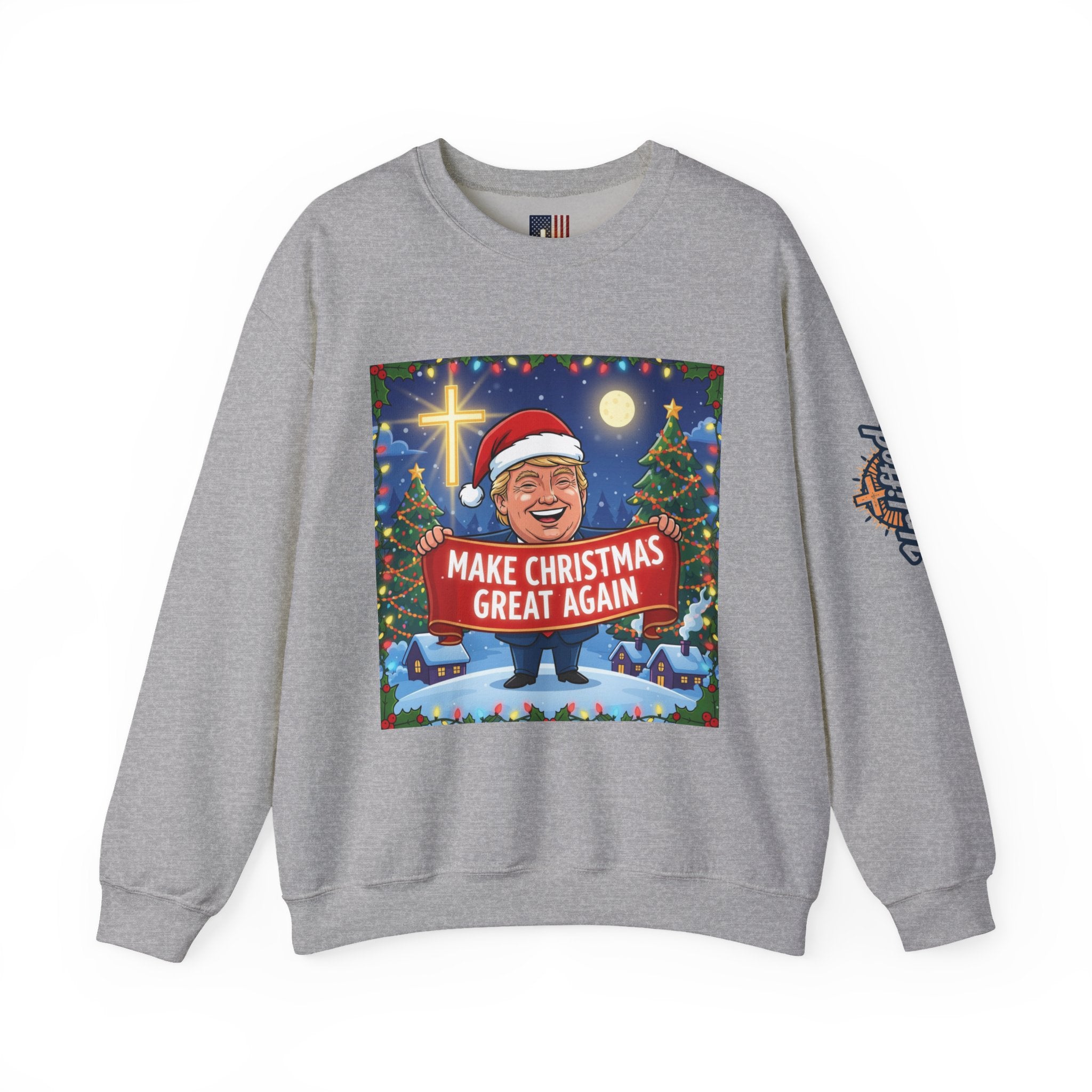 🎄 Make Christmas Great Again – Patriotic Christian Christmas Sweatshirt | Bold Holiday Faith Tee | Red & White Banner Design | Uplifted Gear Printify