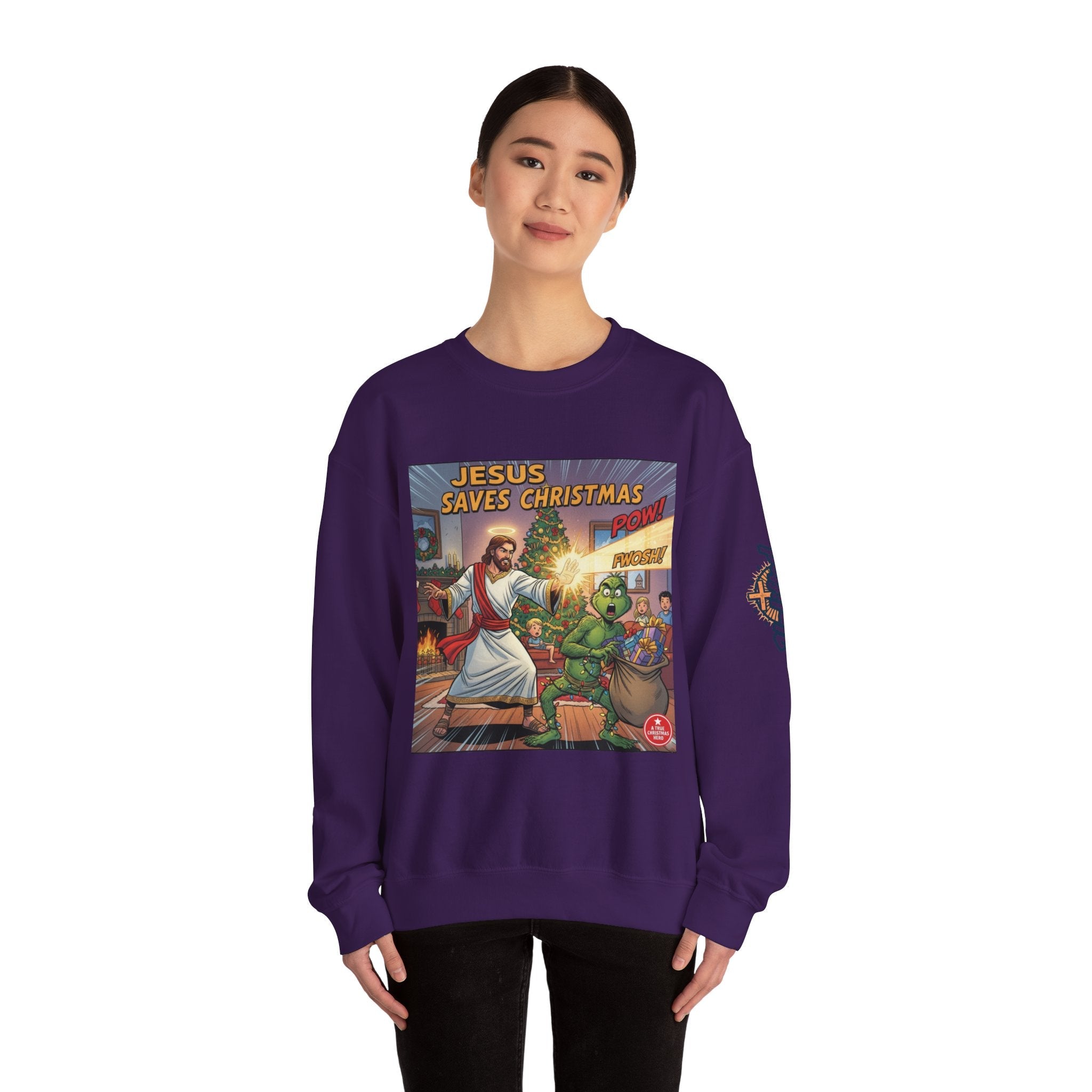 Jesus Saves Christmas Sweatshirt – Grinch vs Savior Light Battle Christian Sweatshirt for Hilarious Holiday Faith & True Joy Printify