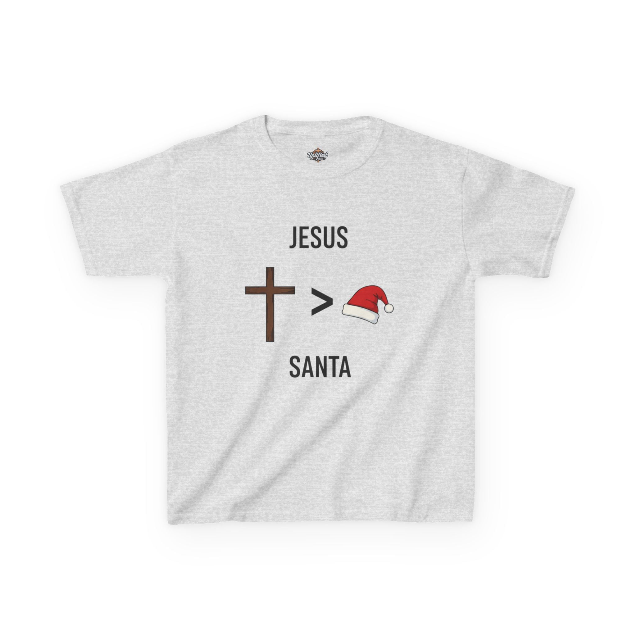 🎄 Jesus > Santa – Minimalist Christian Christmas Kids T-Shirt | Bold Faith Over Holiday Tee | Cross vs Santa Hat Design | Uplifted Gear Printify
