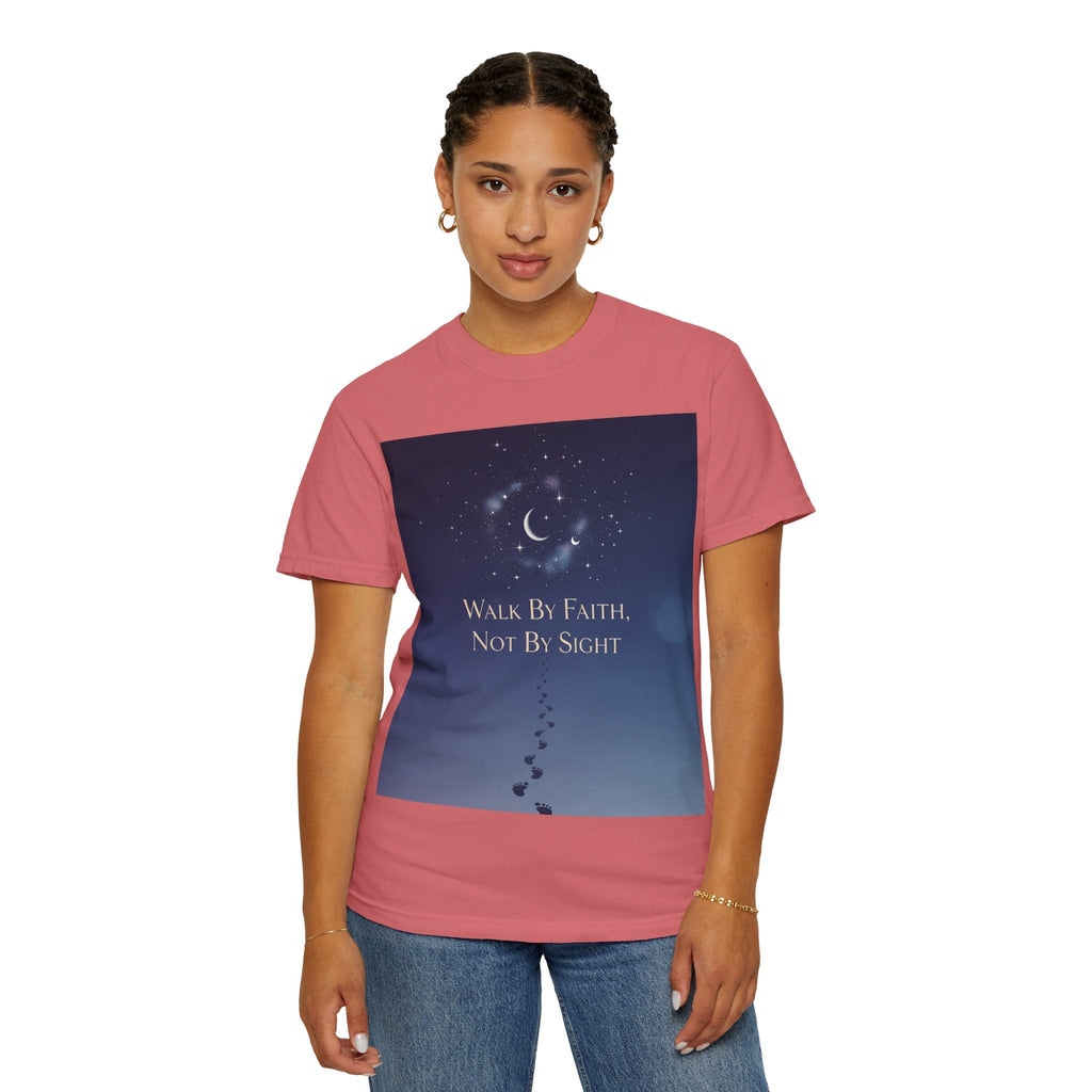 Walk by Faith, Not by Sight T-Shirt – Footprints in the Sand Christian Moonlit Tee Printify