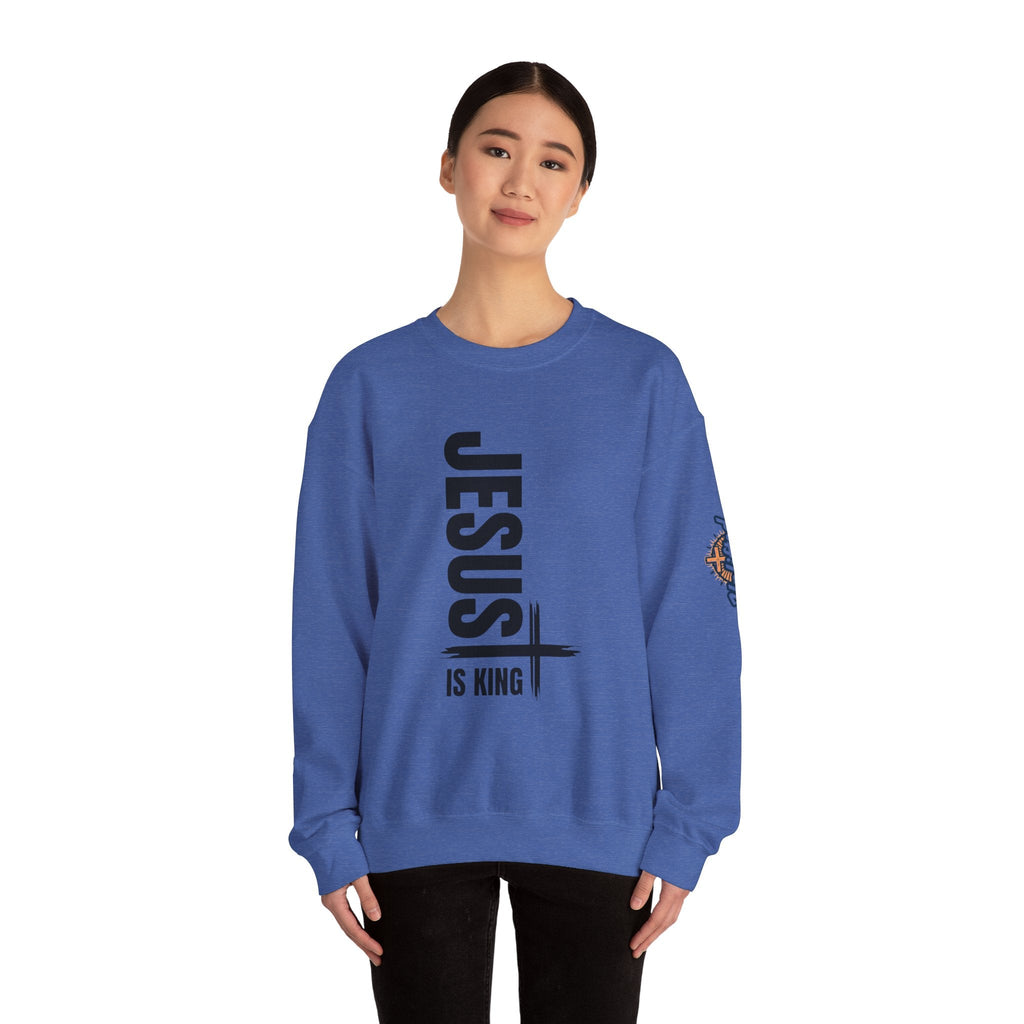 Jesus Is King Sweatshirt | Modern Typographic Cross Christian Sweatshirt Printify