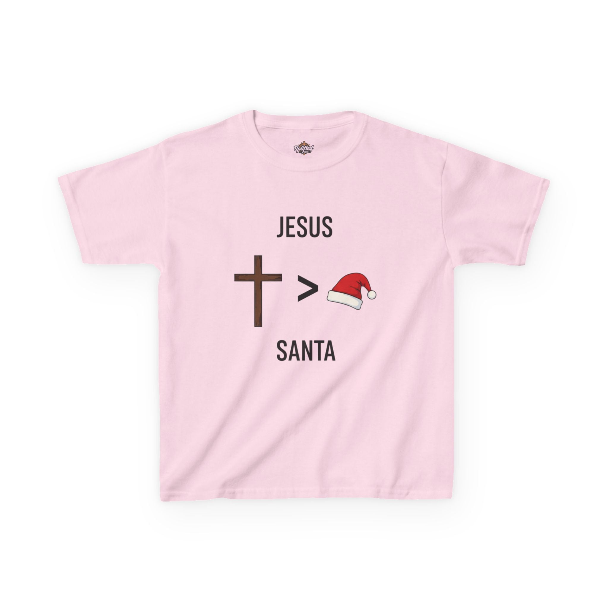 🎄 Jesus > Santa – Minimalist Christian Christmas Kids T-Shirt | Bold Faith Over Holiday Tee | Cross vs Santa Hat Design | Uplifted Gear Printify