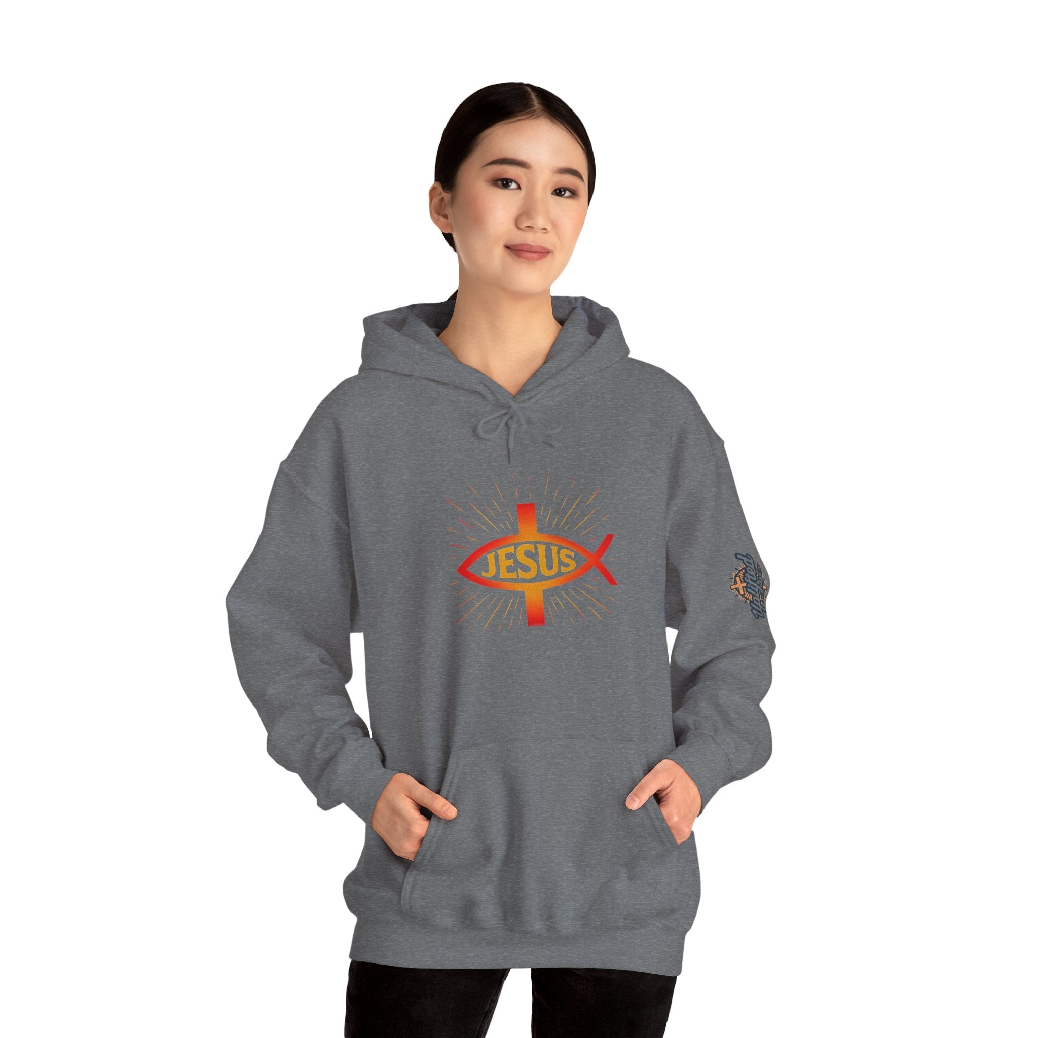 Jesus Ichthys Hoodie – Christian Fish Symbol with Cross & Jesus Inscription Sweatshirt for Eternal Faith & Streetwear Printify
