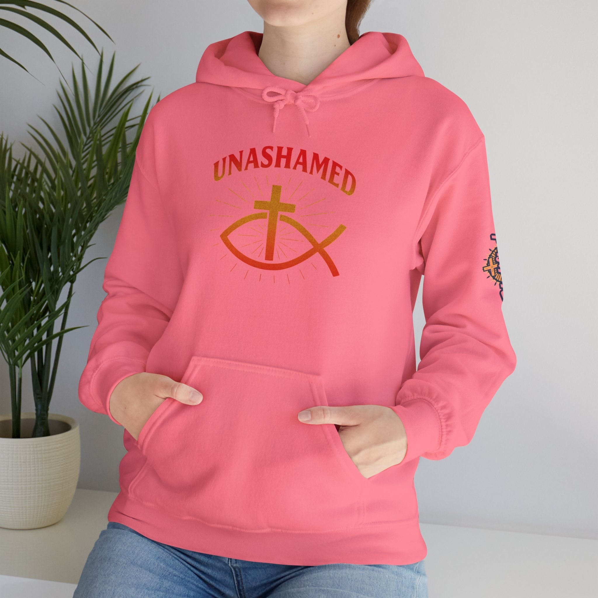 Unashamed Hoodie – Ichthys Jesus Fish & Cross Christian Sweatshirt for Romans 1:16 Bold Faith Printify