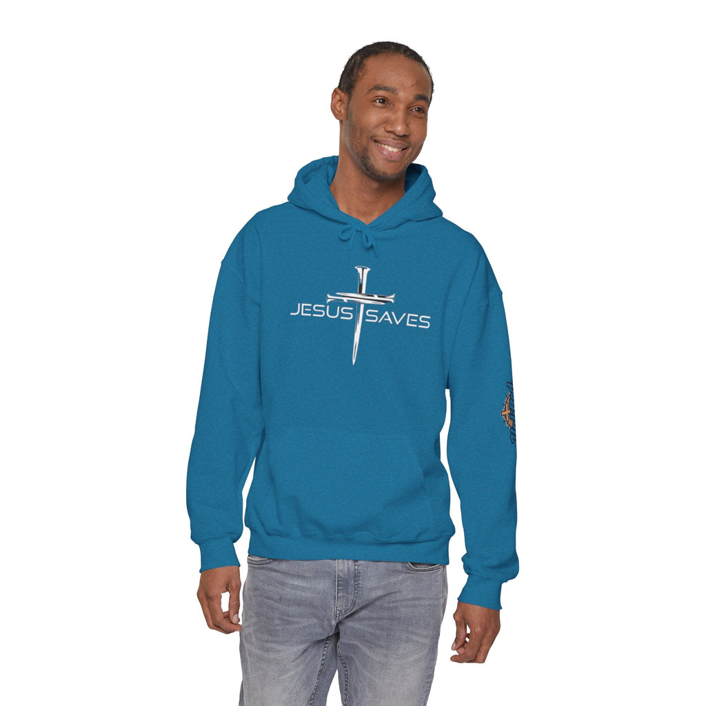 Jesus Saves Hoodie – 3 Nails Crucifix Cross Christian Sweatshirt for Redemption Faith & Bold Salvation Printify