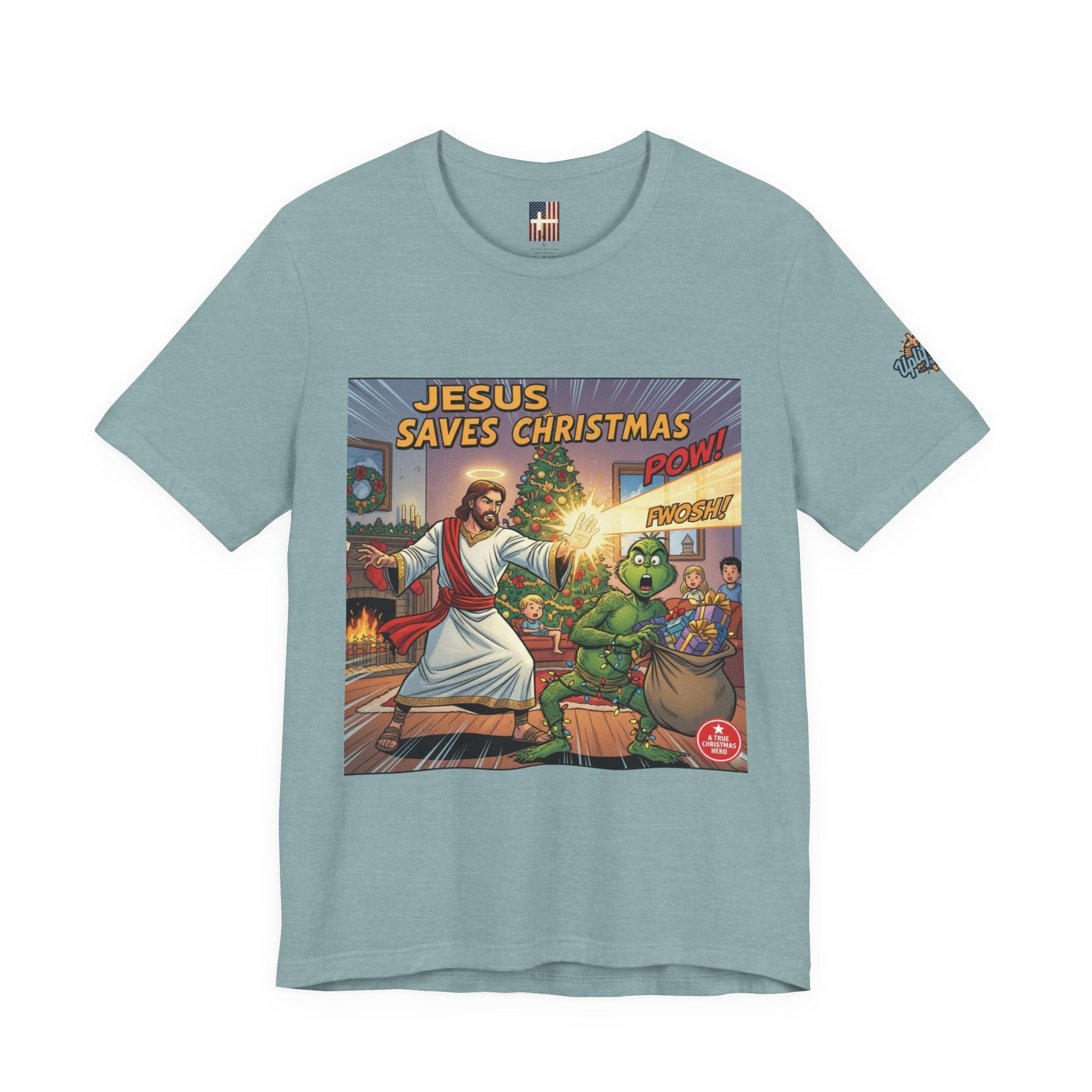 Jesus Saves Christmas T-shirt – Grinch vs Savior Light Battle Christian T-shirt for Hilarious Holiday Faith & True Joy Printify