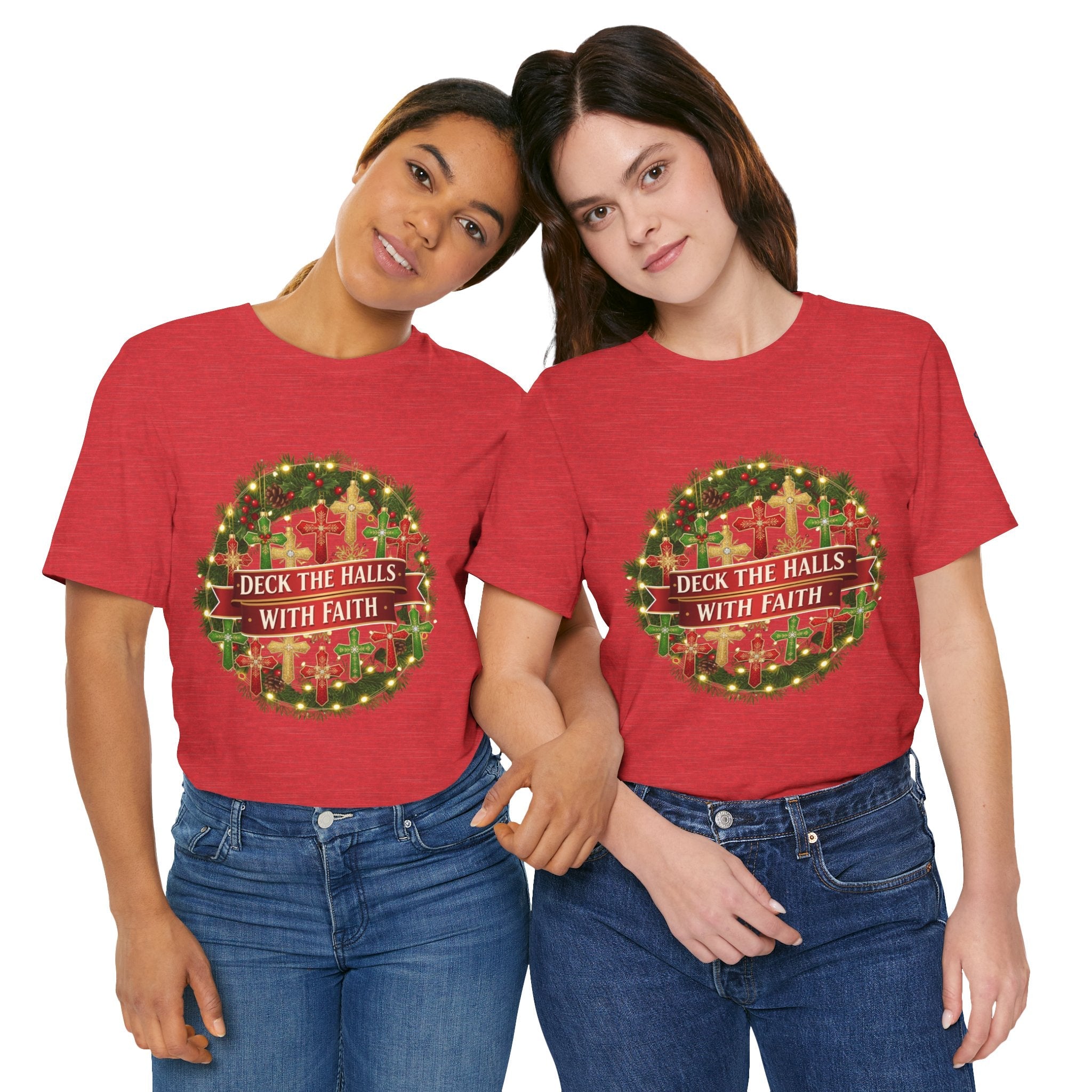🎄 Deck the Halls with Faith – Christian Christmas T-Shirt | Cross Ornament Design & Festive Garland | Bold Holiday Faith Tee by Uplifted Gear Printify