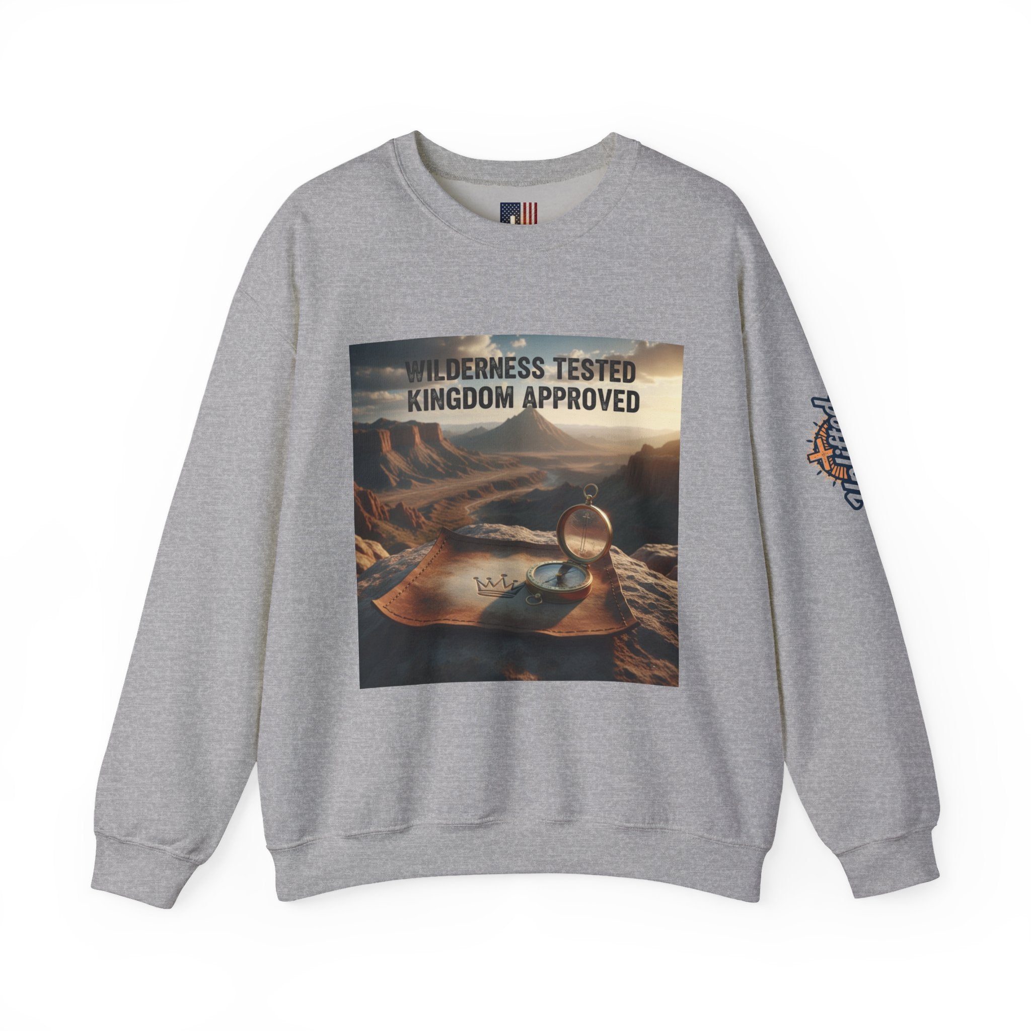 Wilderness Tested Kingdom Approved Sweatshirt – Mountain Desert Compass Crown Christian Sweatshirt for Biblical Adventure Faith Printify