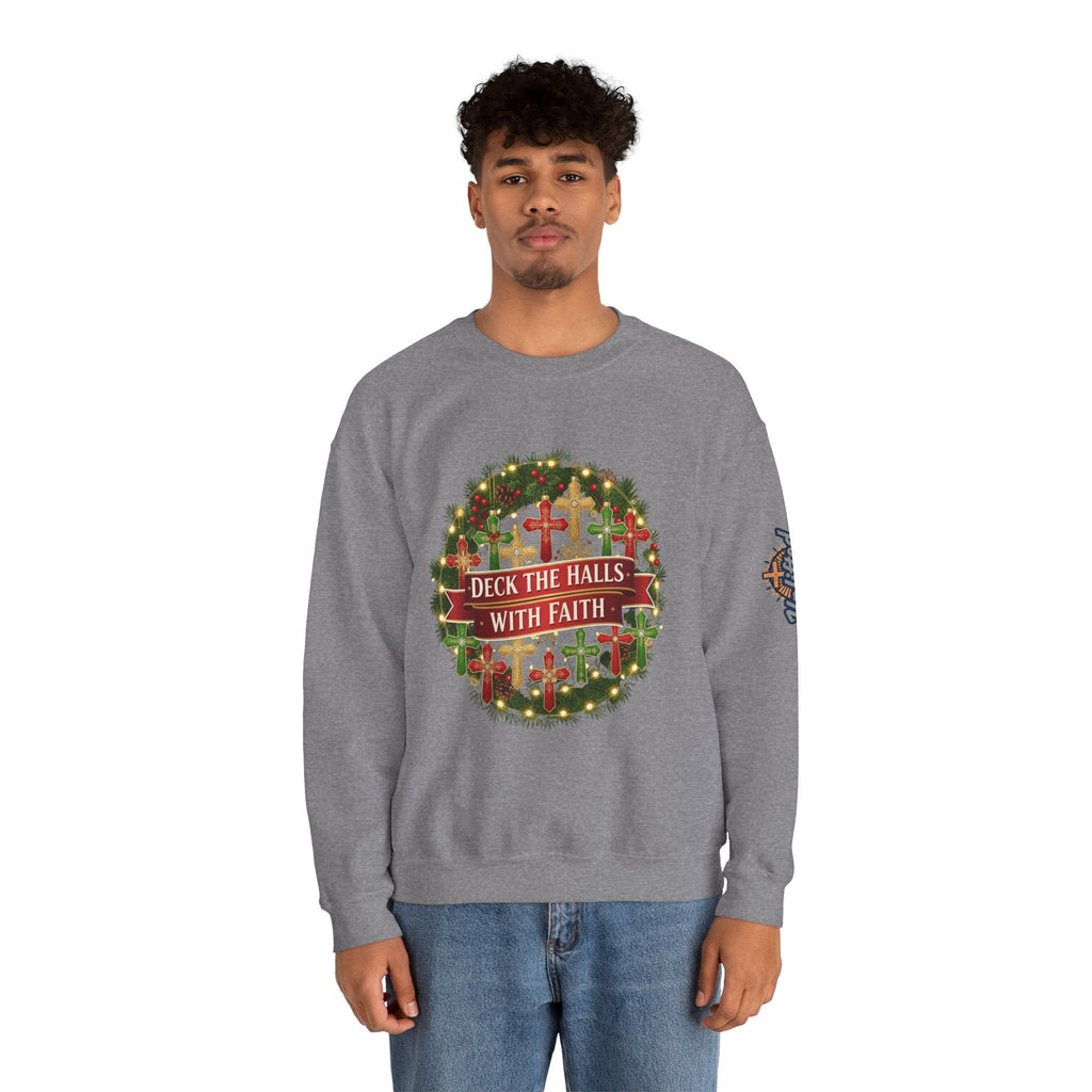 🎄 Deck the Halls with Faith – Christian Christmas Sweatshirt | Cross Ornament Design & Festive Garland | Bold Holiday Faith Tee by Uplifted Gear Printify