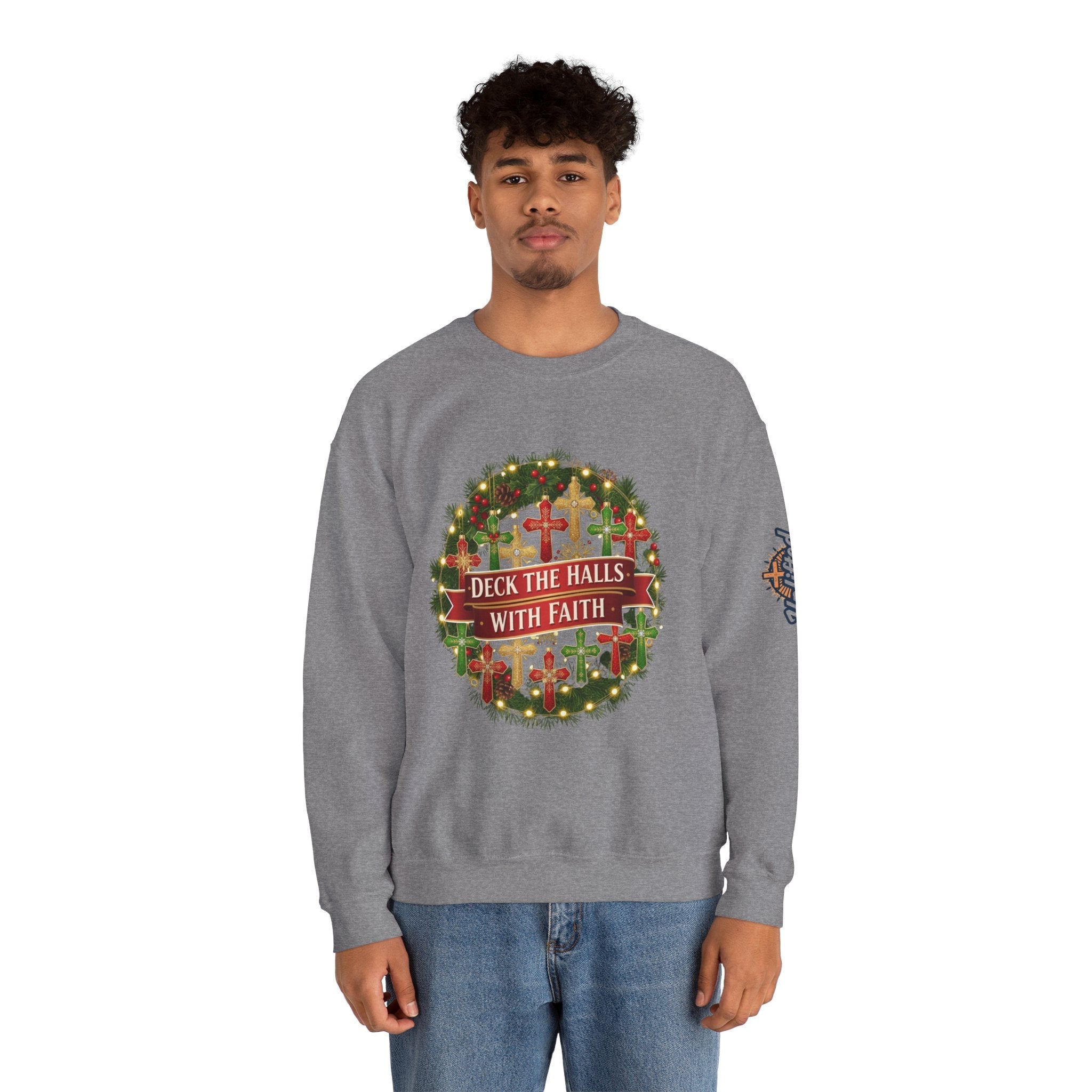 🎄 Deck the Halls with Faith – Christian Christmas Sweatshirt | Cross Ornament Design & Festive Garland | Bold Holiday Faith Tee by Uplifted Gear Printify