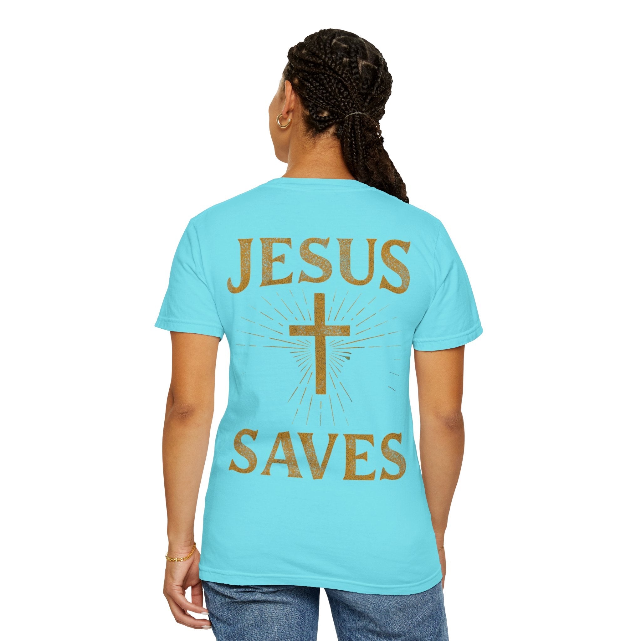 Jesus Saves T-shirt – Radiant Cross & Rays of Light Christian T-shirt for Eternal Hope & Faith Printify