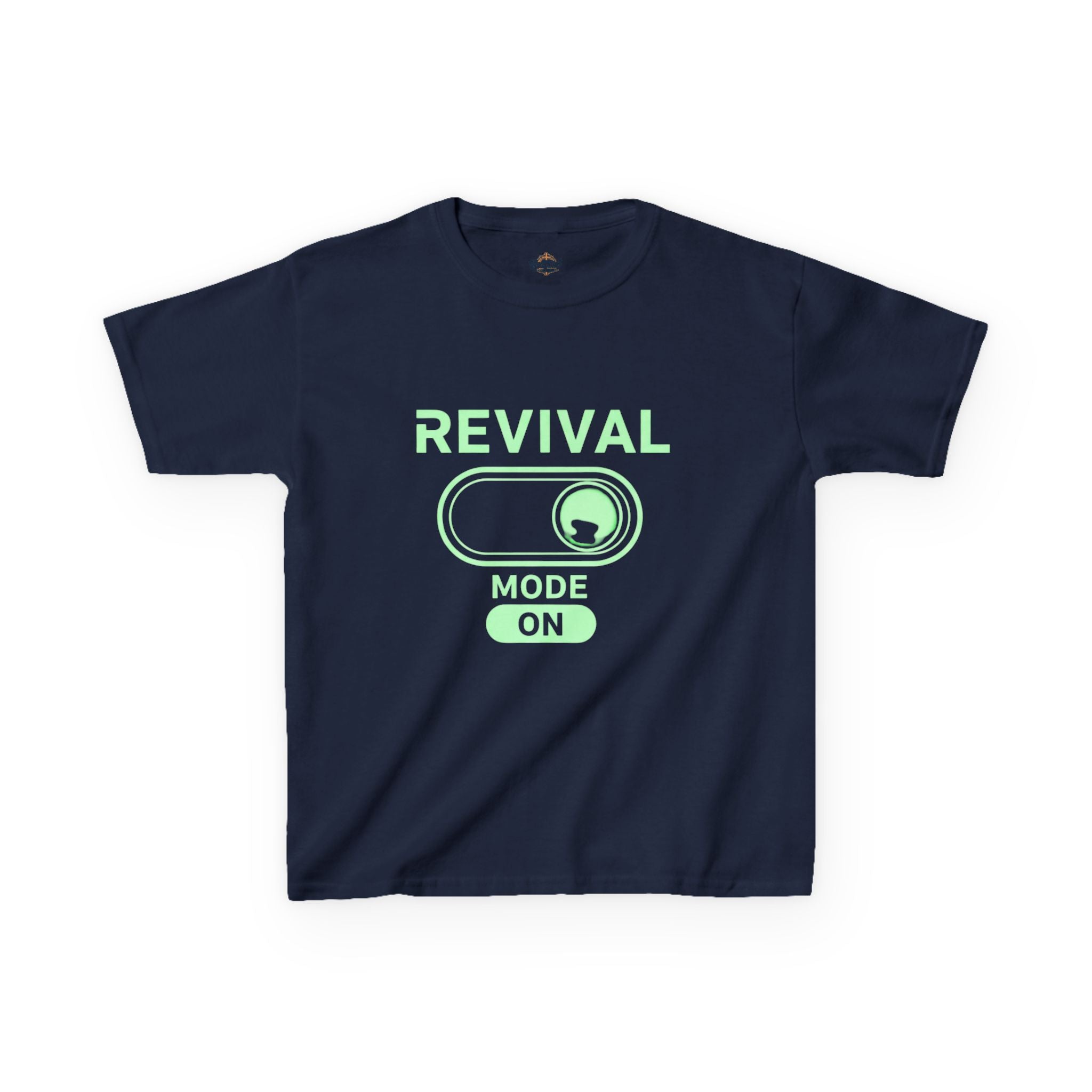 🔥 Revival Mode: ON – Christian Techwear Kids T-Shirt | Glowing Green Faith Switch | Futuristic Jesus Shirt | Activate Your Spiritual Awakening | Uplifted Gear Printify