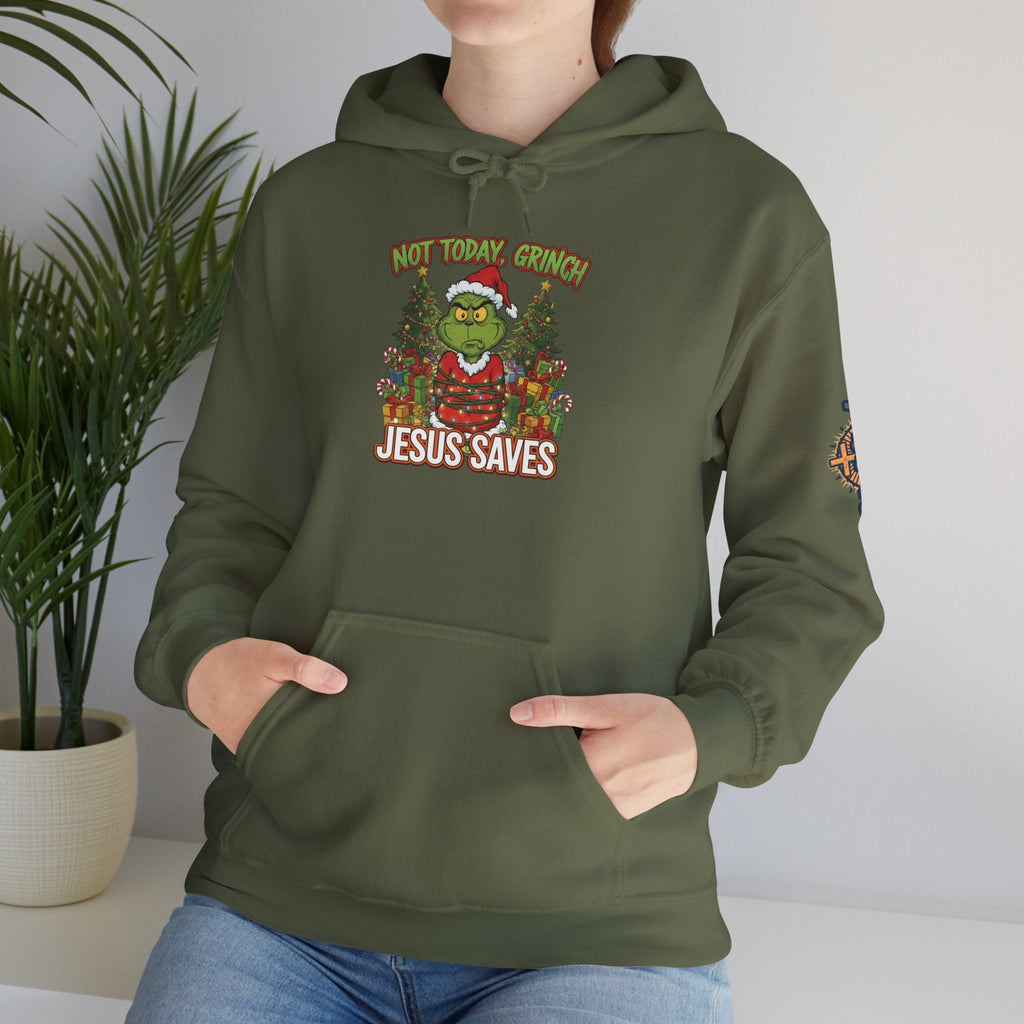 🎄 Not Today, Grinch – Jesus Saves | Funny Christian Christmas Hoodie | Sulking Grinch & Glowing Cross | Bold Neon Faith Tee by Uplifted Gear Printify