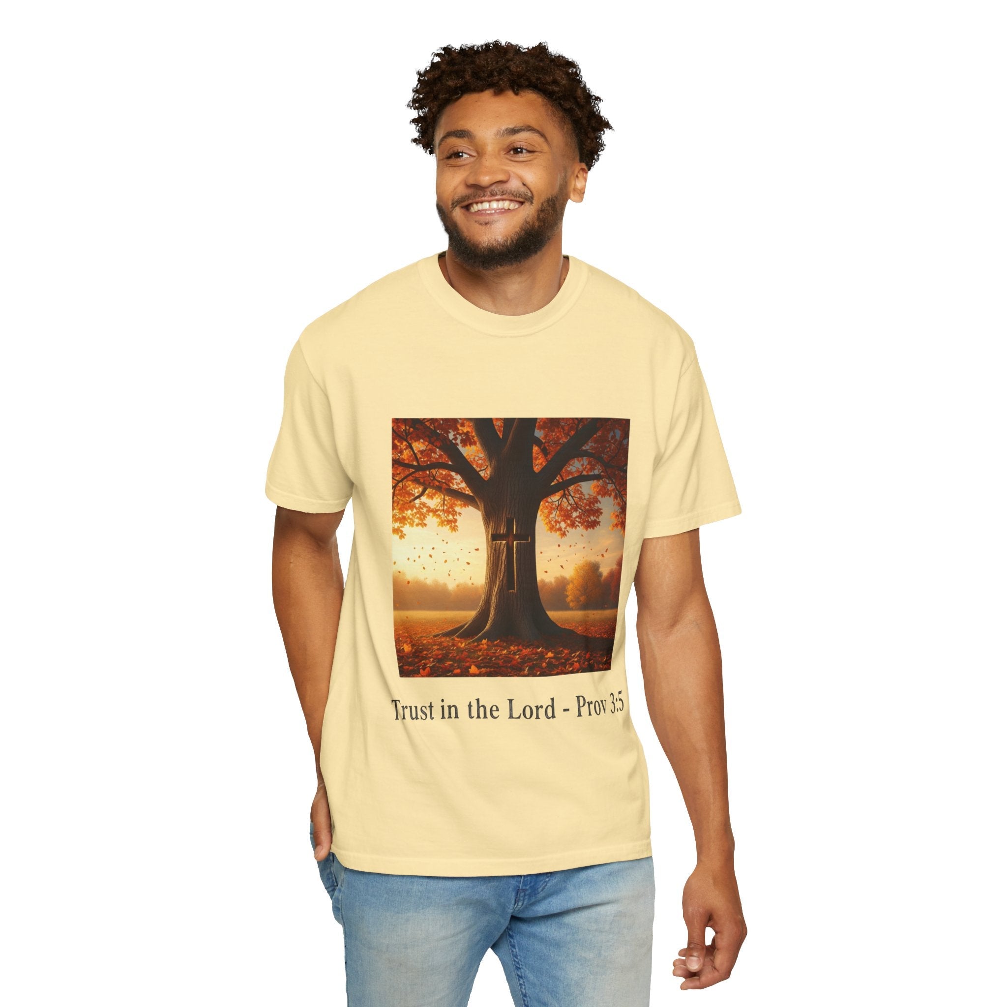 Trust in the Lord T-Shirt – Autumn Tree Christian Tee with Proverbs 3:5 Printify