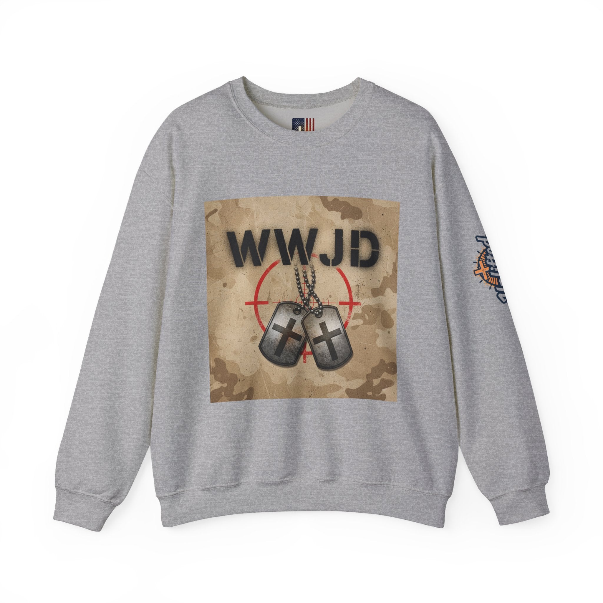 WWJD Sweatshirt – Military Dog Tags What Would Jesus Do Camo Christian Sweatshirt for Bold Faith & Streetwear Printify
