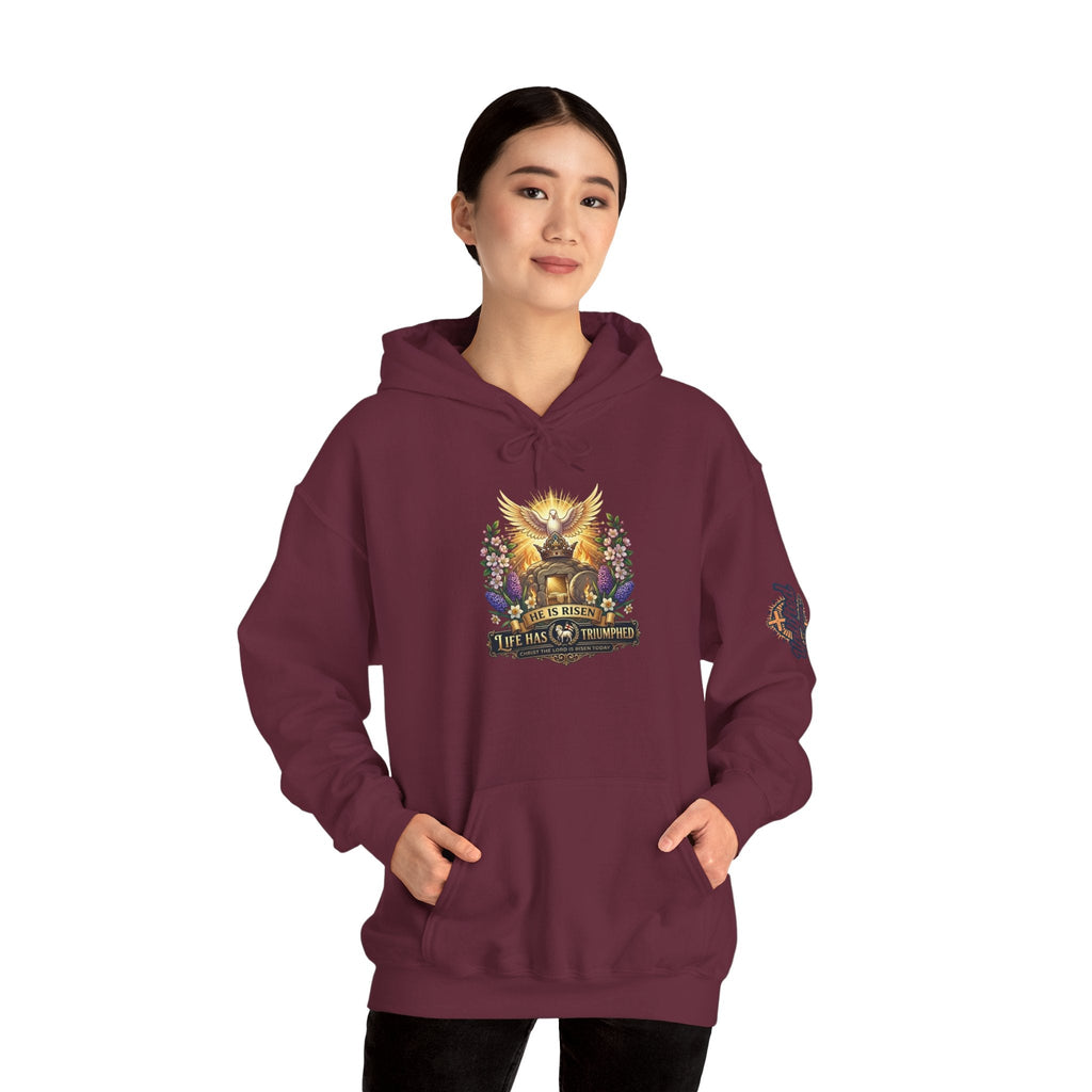 He Is Risen "Life Has Triumphed" Hoodie — Easter Resurrection Christian Hoodie Printify