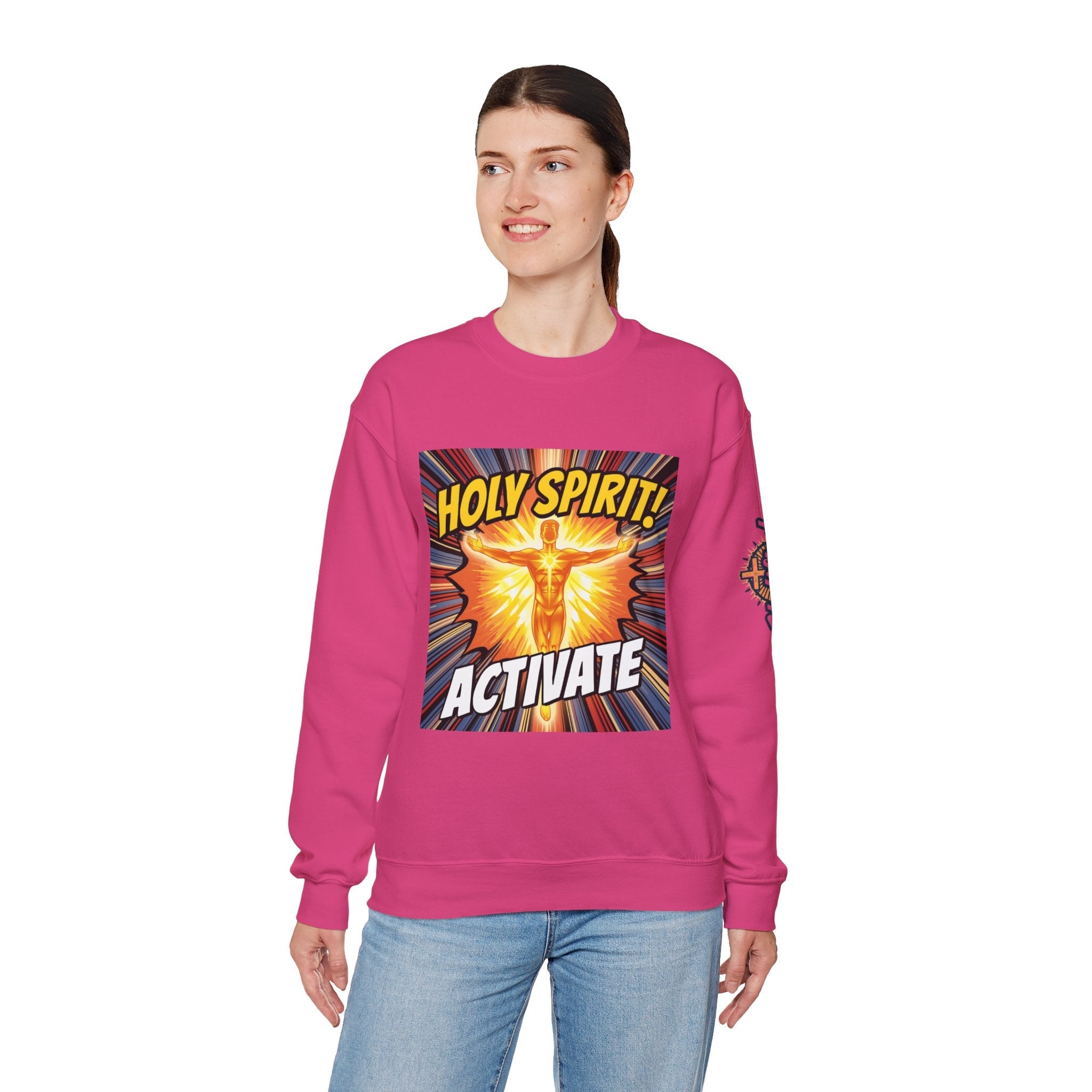 Holy Spirit Activate Sweatshirt – Superhero Christian Sweatshirt with Vibrant Power-Up Design for Faith-Fueled Boldness Printify