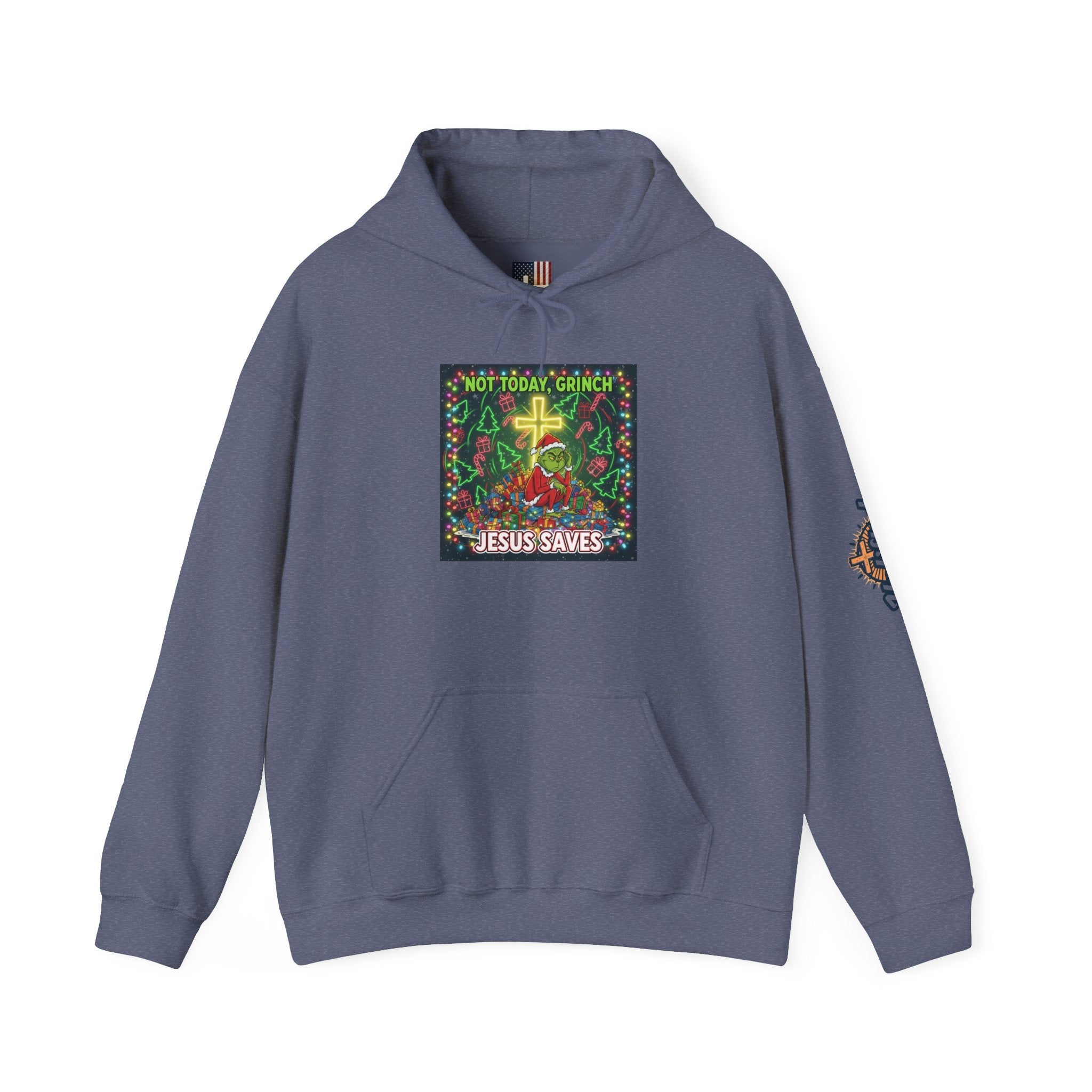🎄 Not Today, Grinch – Jesus Saves | Funny Christian Christmas Hoodie | Festive Green & Red Cartoon Style | Bold Faith Holiday Tee by Uplifted Gear Printify