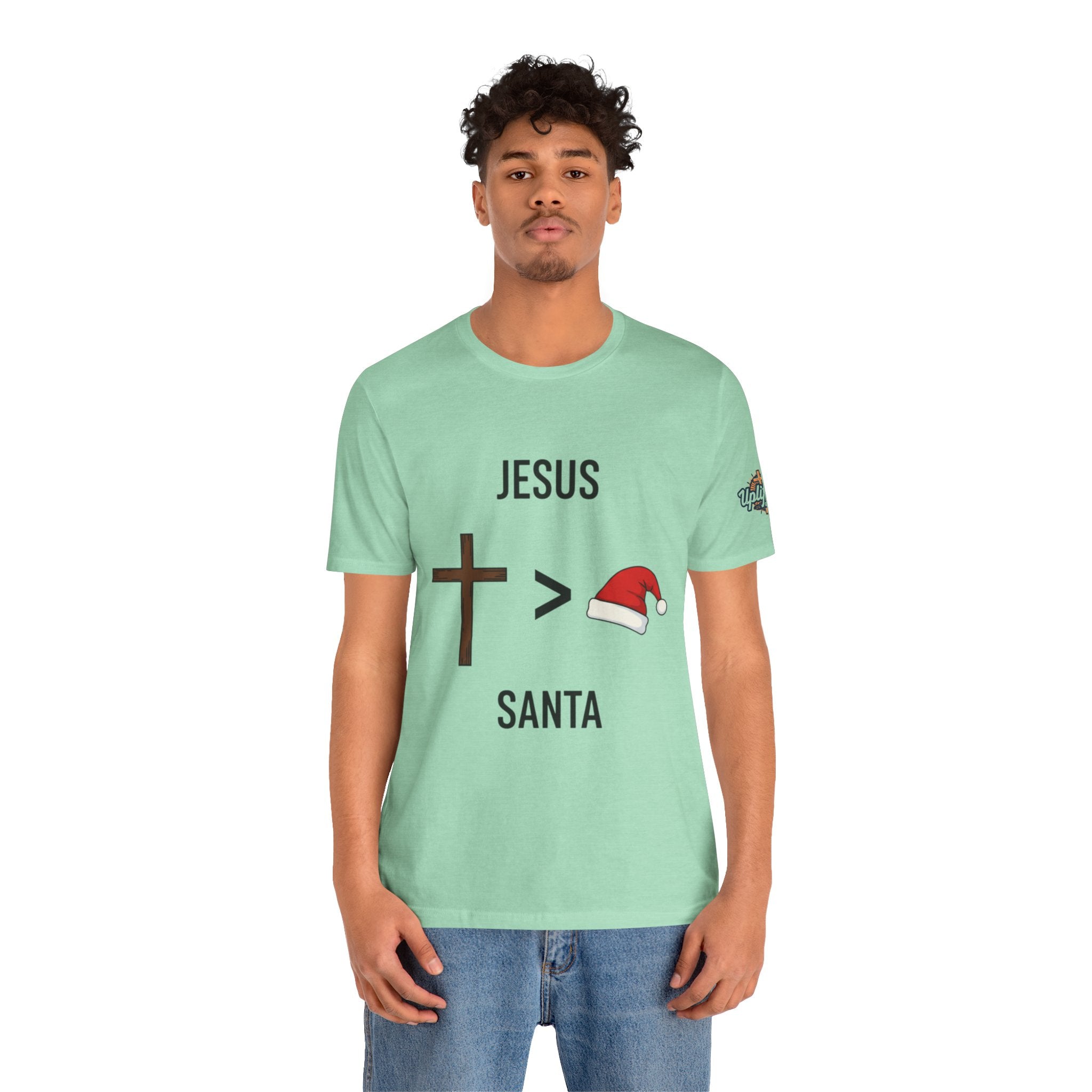 🎄 Jesus > Santa – Minimalist Christian Christmas T-Shirt | Bold Faith Over Holiday Tee | Cross vs Santa Hat Design | Uplifted Gear Printify