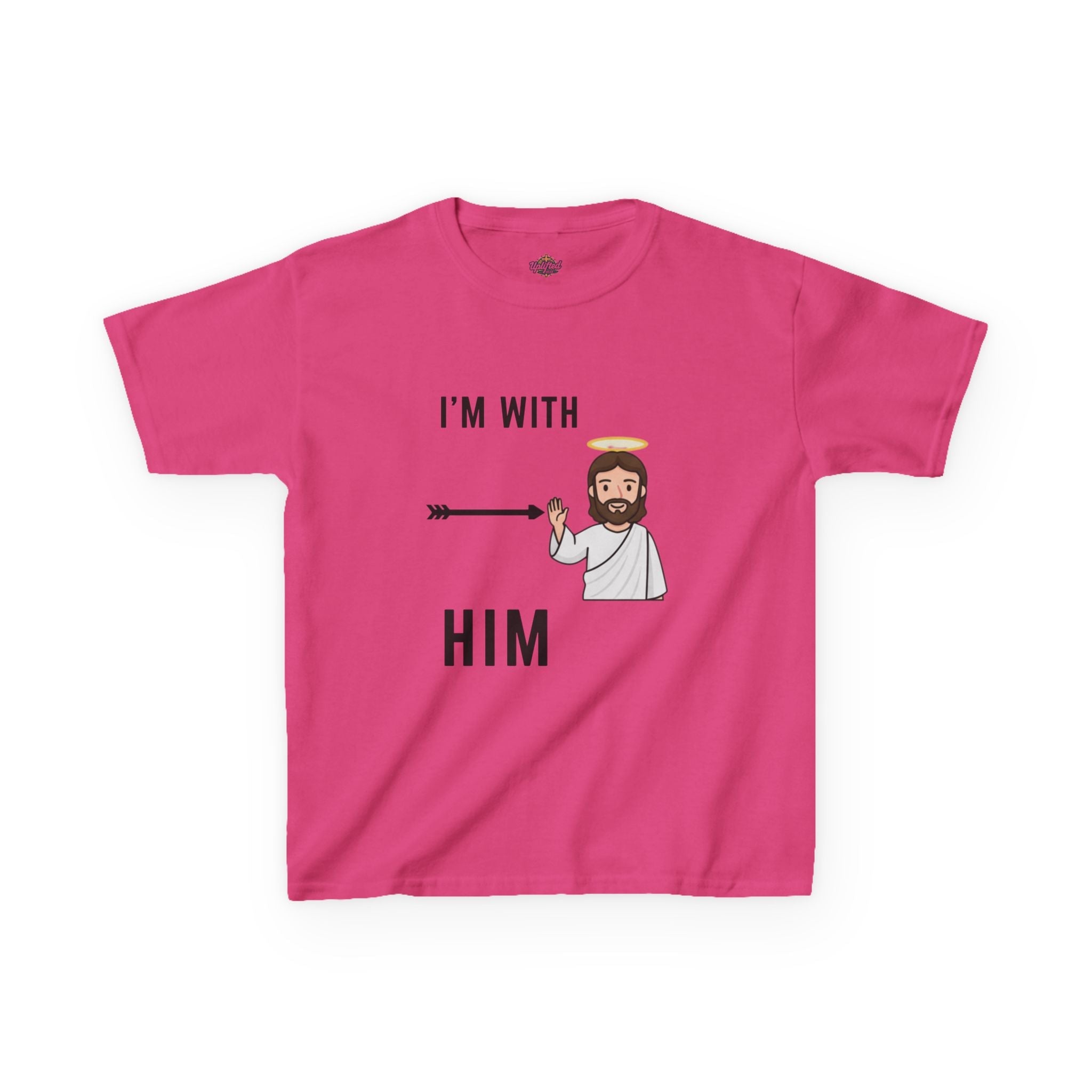 🔥 I’m With Him → Christian Kids T-Shirt | Arrow Pointing to Jesus | Minimalist Faith Tee | Subtle Cross Design | Bible-Inspired Apparel by Uplifted Gear Printify