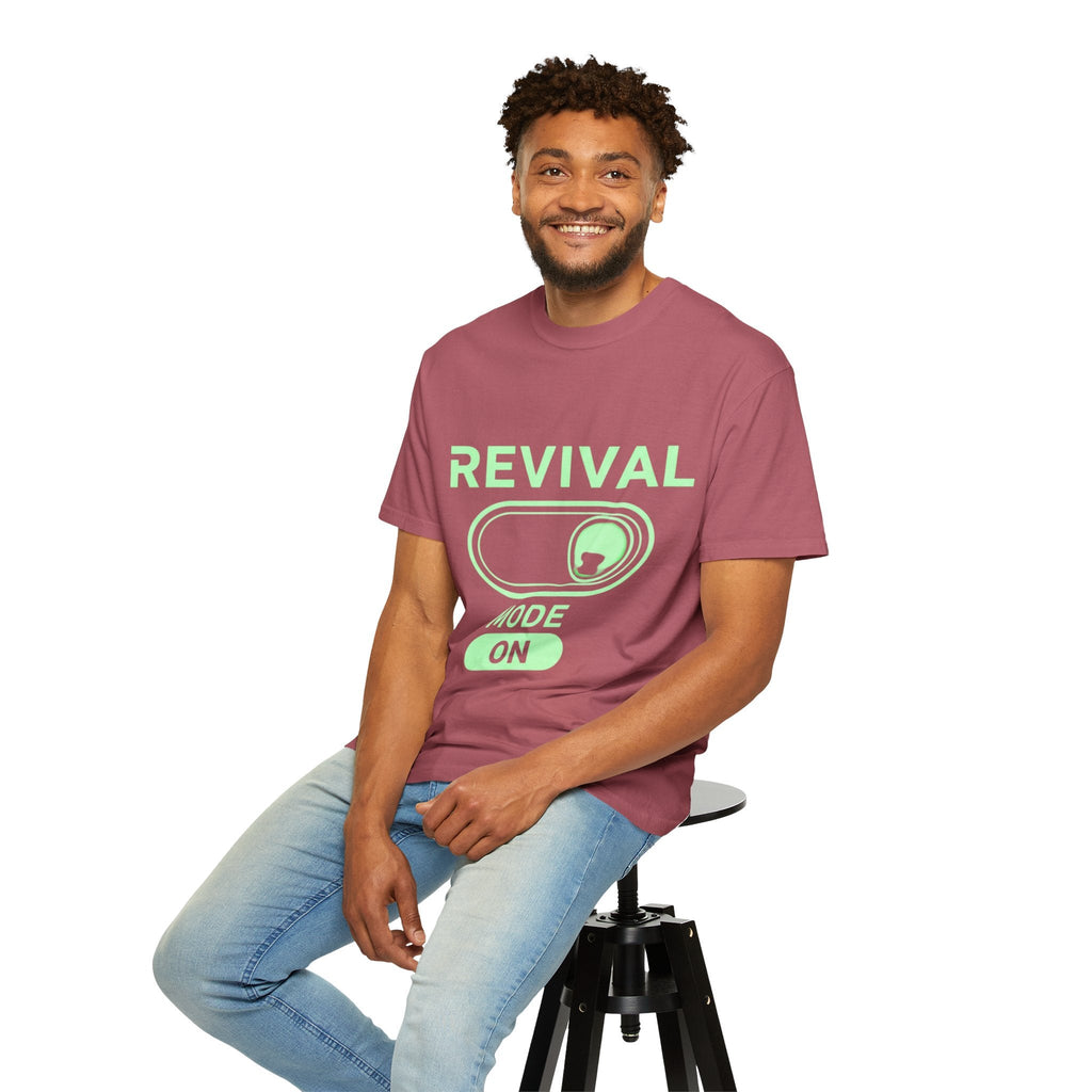 🔥 Revival Mode: ON – Christian Techwear T-Shirt | Glowing Green Faith Switch | Futuristic Jesus Shirt | Activate Your Spiritual Awakening | Uplifted Gear Printify