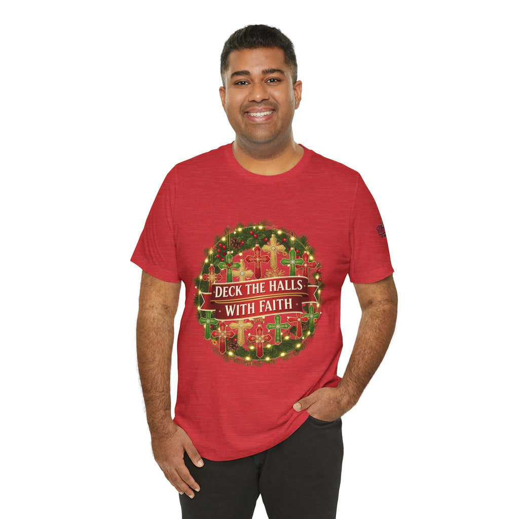 🎄 Deck the Halls with Faith – Christian Christmas T-Shirt | Cross Ornament Design & Festive Garland | Bold Holiday Faith Tee by Uplifted Gear Printify