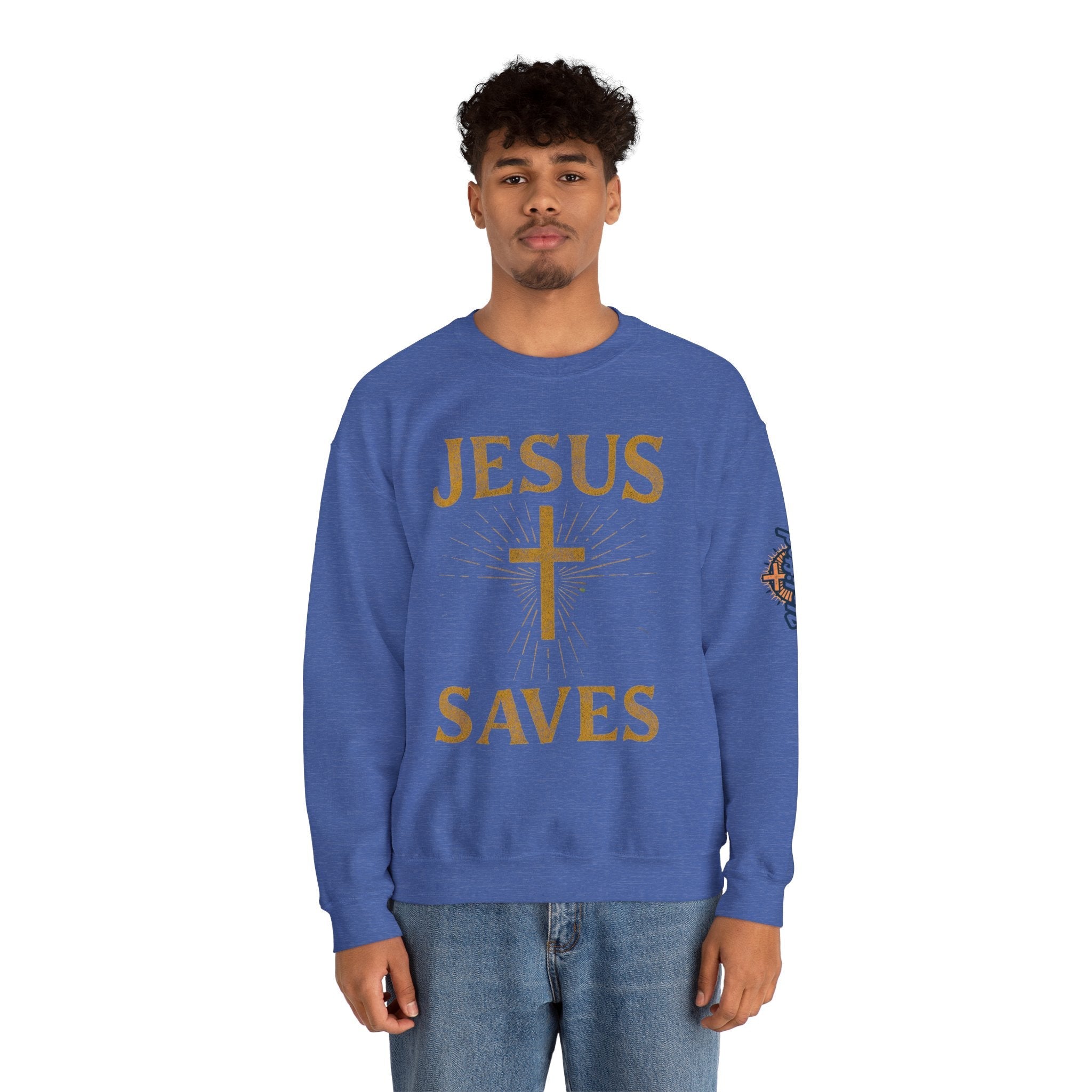 Jesus Saves Sweatshirt – Radiant Cross & Rays of Light Christian Sweatshirt for Eternal Hope & Faith Printify