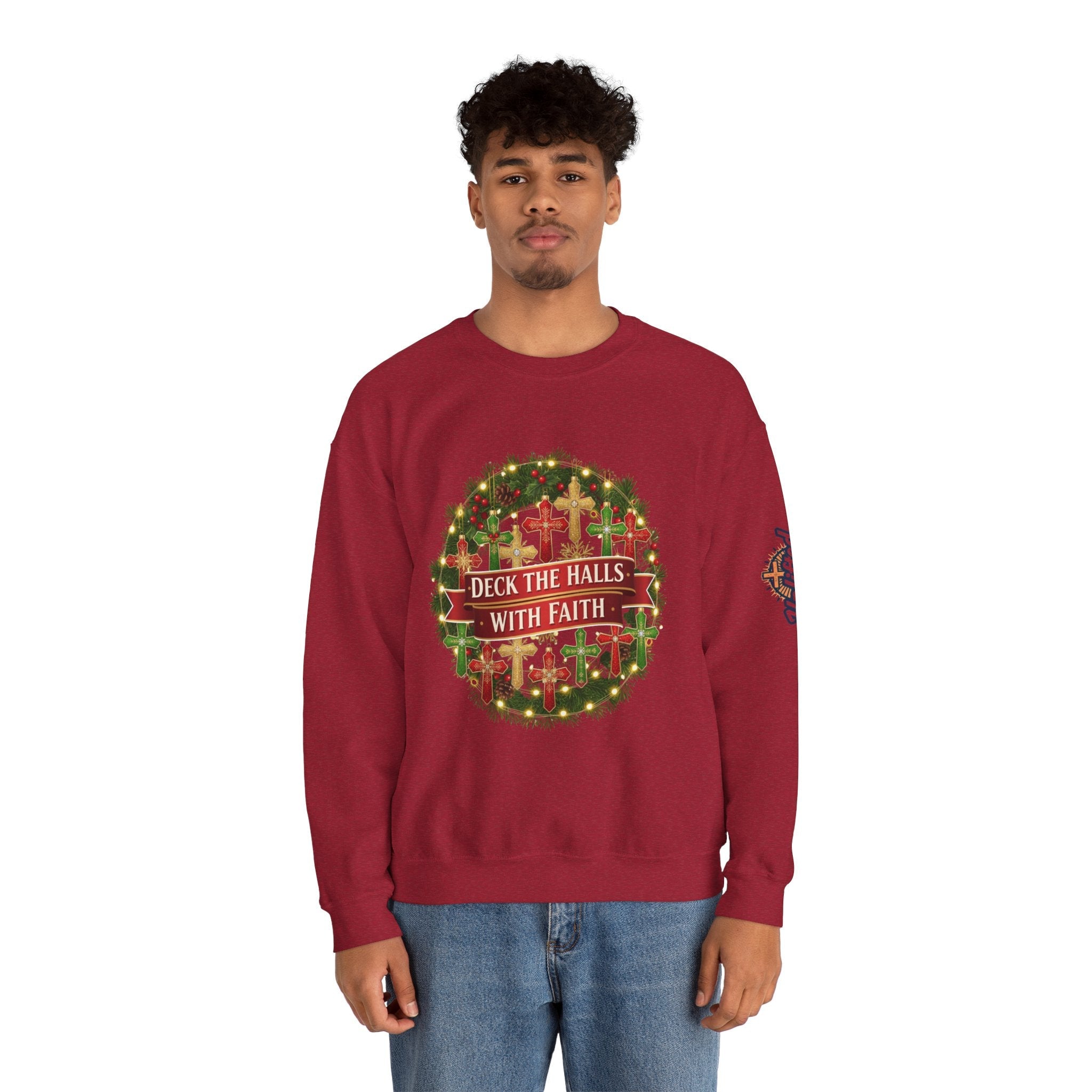 🎄 Deck the Halls with Faith – Christian Christmas Sweatshirt | Cross Ornament Design & Festive Garland | Bold Holiday Faith Tee by Uplifted Gear Printify