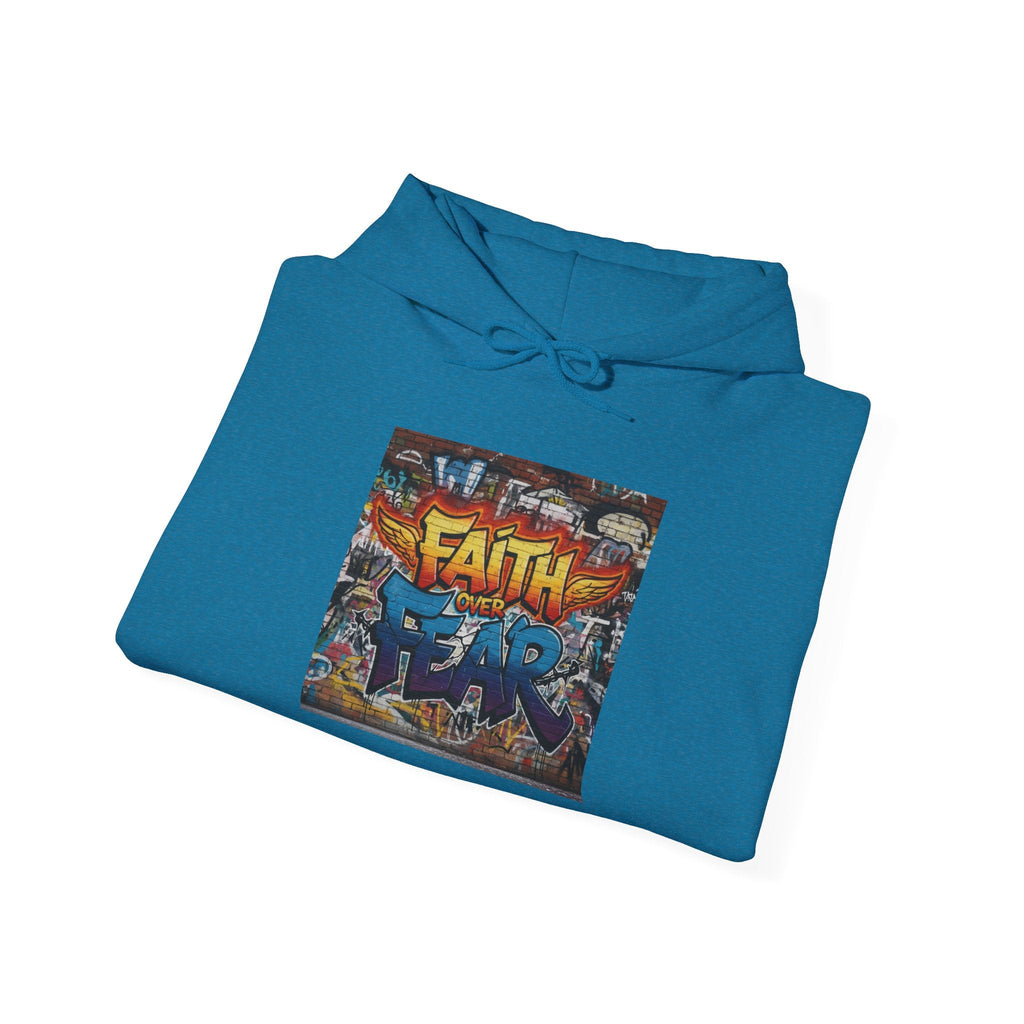 Faith Over Fear Hoodie – Graffiti Wall Christian Sweatshirt for Bold 2 Corinthians 5:7 Streetwear & Unshakable Faith Printify