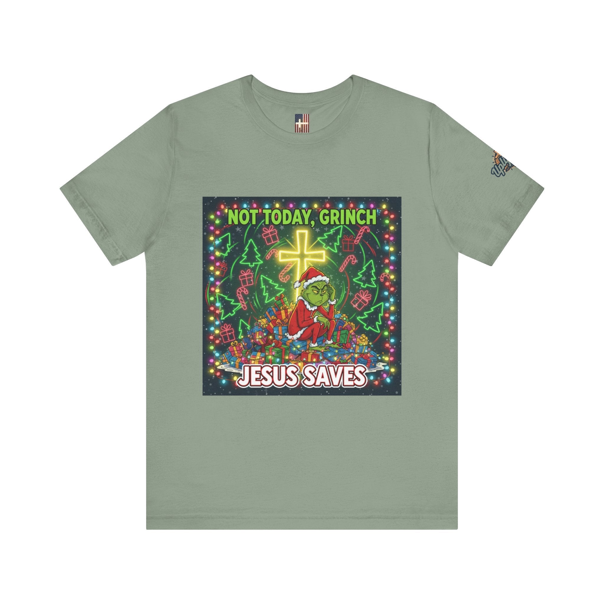 🎄 Not Today, Grinch – Jesus Saves | Funny Christian Christmas T-Shirt | Festive Green & Red Cartoon Style | Bold Faith Holiday Tee by Uplifted Gear Printify