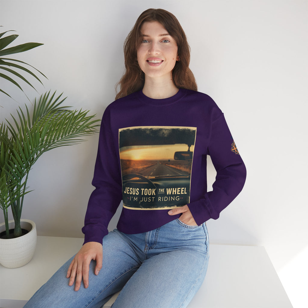 Jesus Took the Wheel I'm Just Riding Sweatshirt – Funny Christian Convertible Car Sweatshirt for Surrendered Faith & Humor