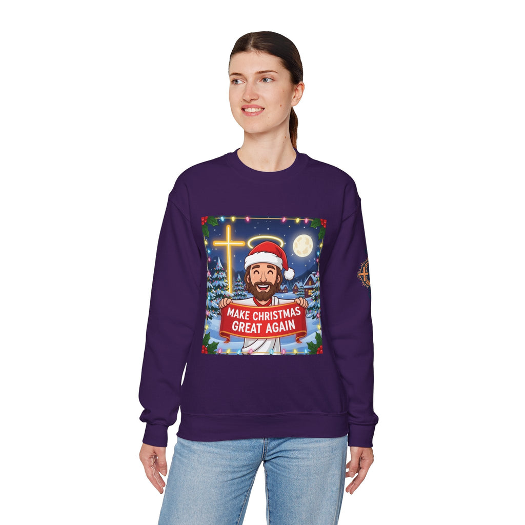 🎄 Make Christmas Great Again – Funny Christian Sweatshirt | Jesus Holding Banner | Faith-Based Holiday Parody Tee | Uplifted Gear Printify