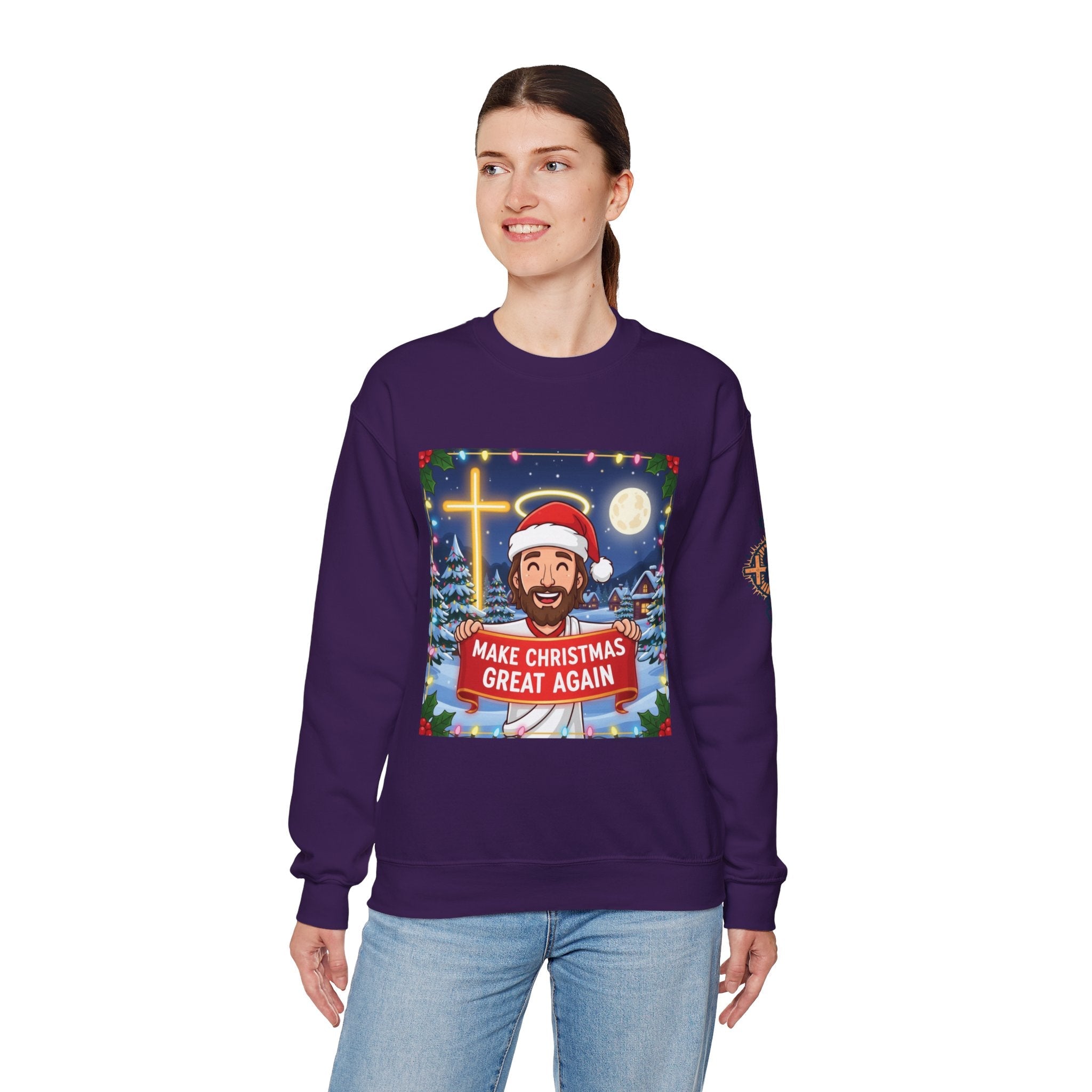 🎄 Make Christmas Great Again – Funny Christian Sweatshirt | Jesus Holding Banner | Faith-Based Holiday Parody Tee | Uplifted Gear Printify