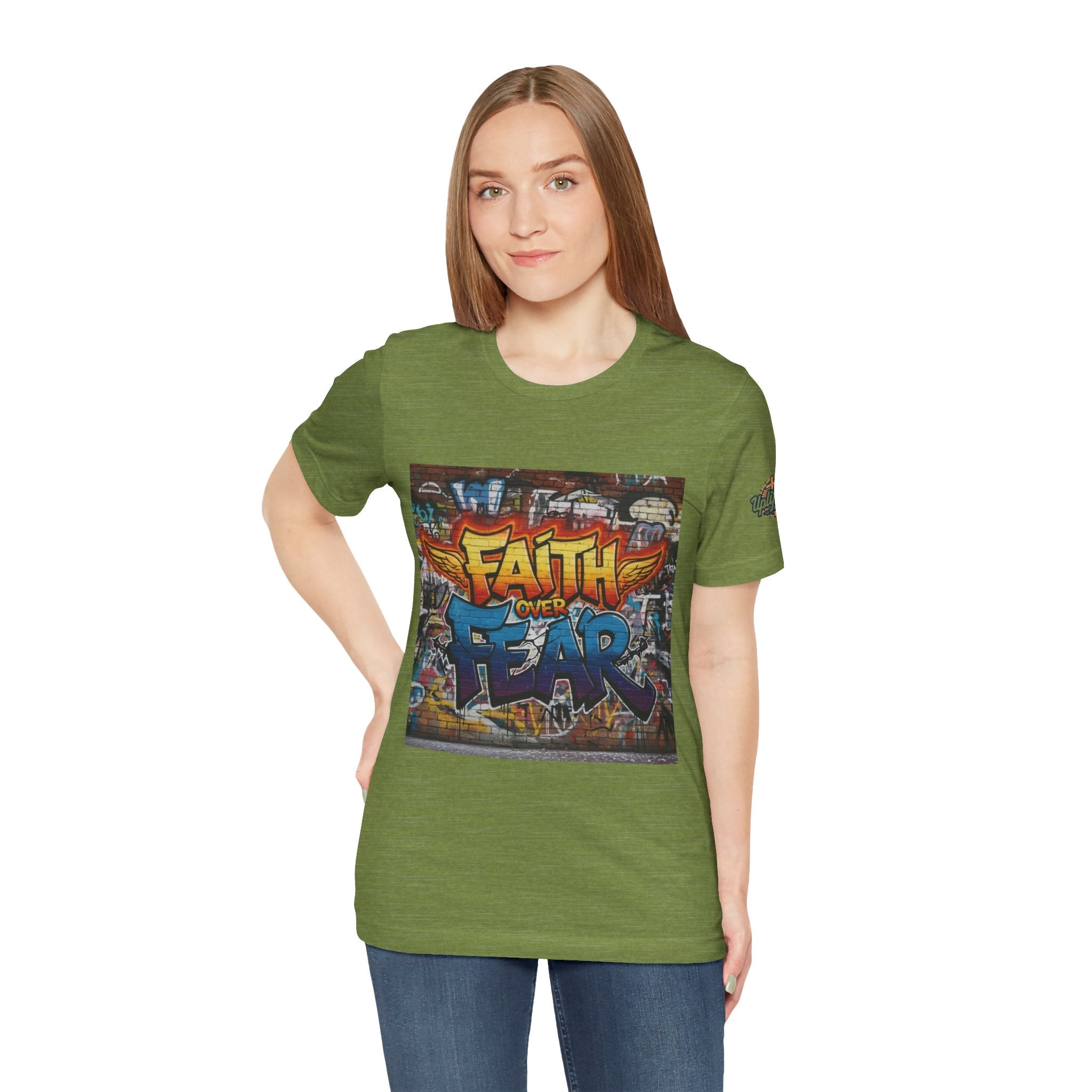 Faith Over Fear T-shirt – Graffiti Wall Christian T-shirt for Bold 2 Corinthians 5:7 Streetwear & Unshakable Faith Printify