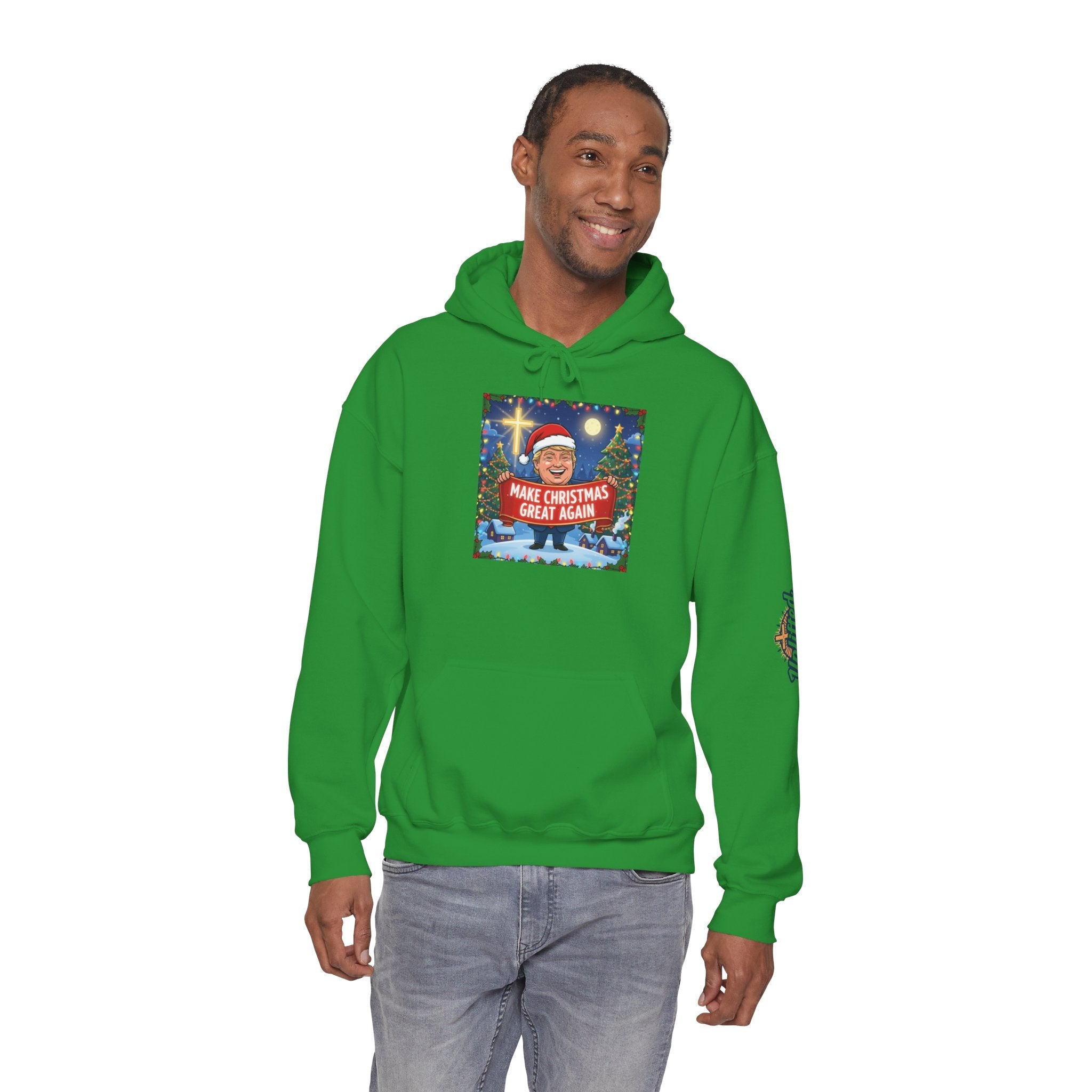 🎄 Make Christmas Great Again – Patriotic Christian Christmas Hoodie | Bold Holiday Faith Tee | Red & White Banner Design | Uplifted Gear Printify