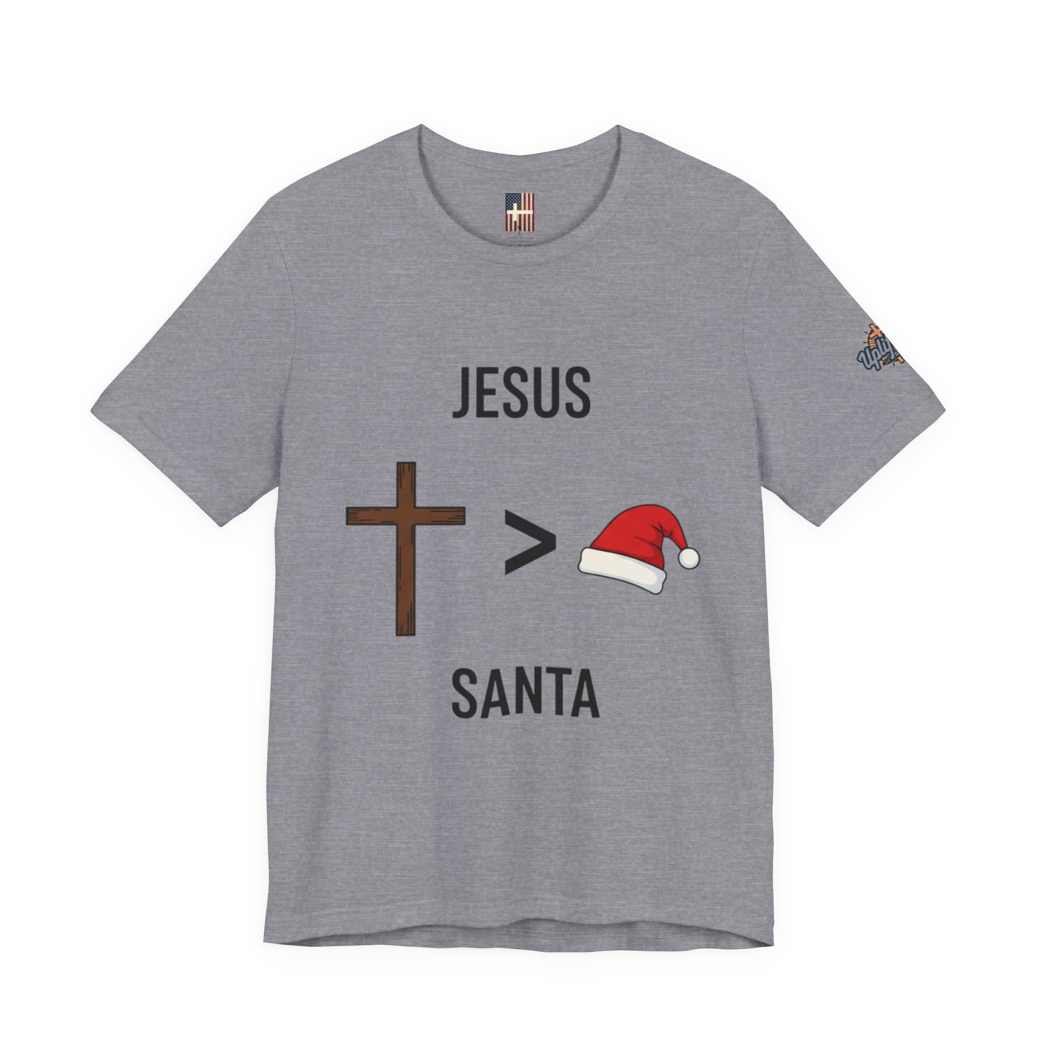 🎄 Jesus > Santa – Minimalist Christian Christmas T-Shirt | Bold Faith Over Holiday Tee | Cross vs Santa Hat Design | Uplifted Gear Printify