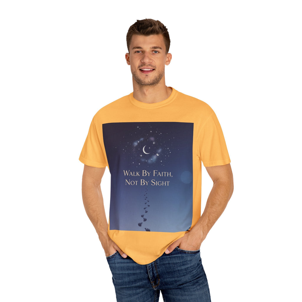 Walk by Faith, Not by Sight T-Shirt – Footprints in the Sand Christian Moonlit Tee Printify
