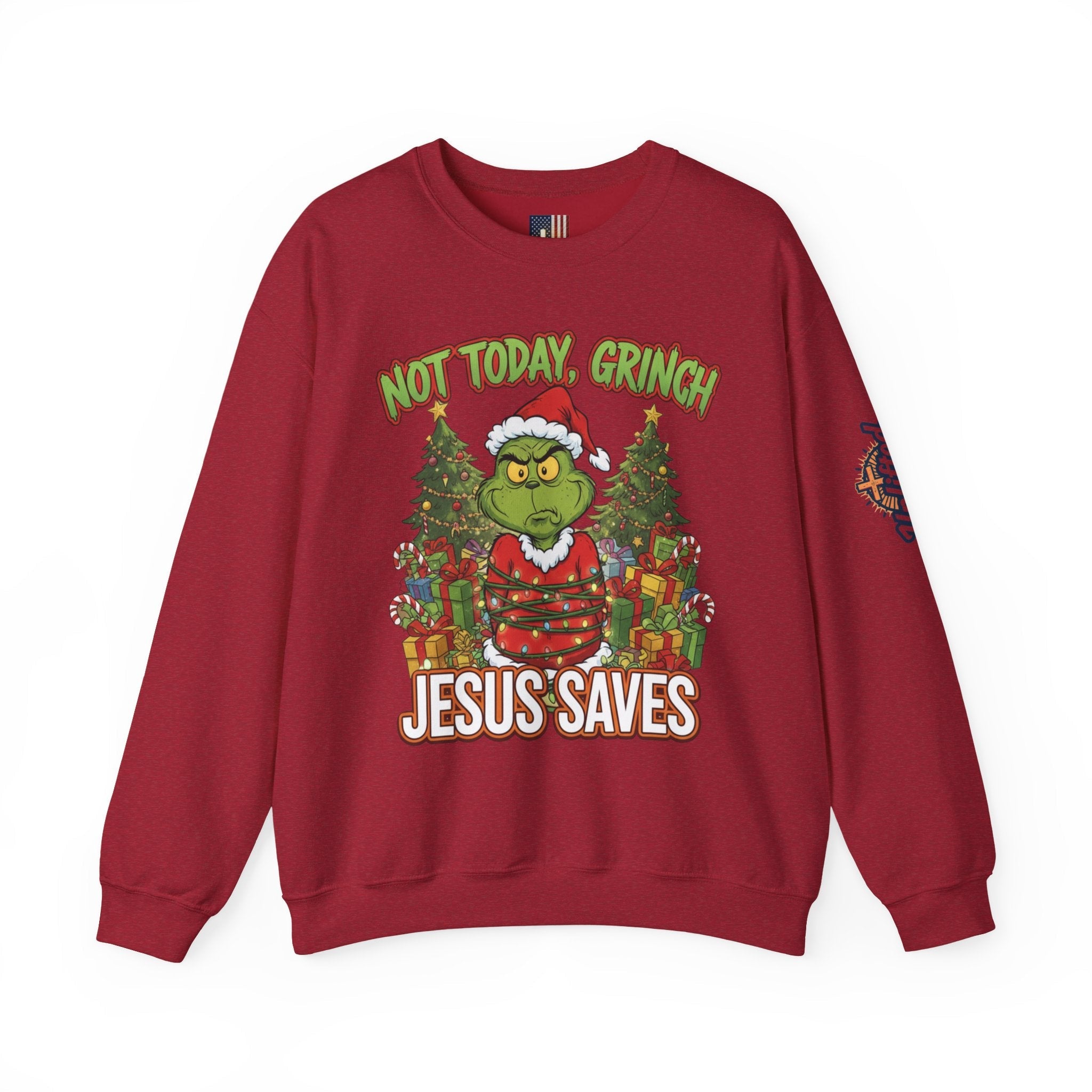 🎄 Not Today, Grinch – Jesus Saves | Funny Christian Christmas Sweatshirt | Sulking Grinch & Glowing Cross | Bold Neon Faith Tee by Uplifted Gear Printify