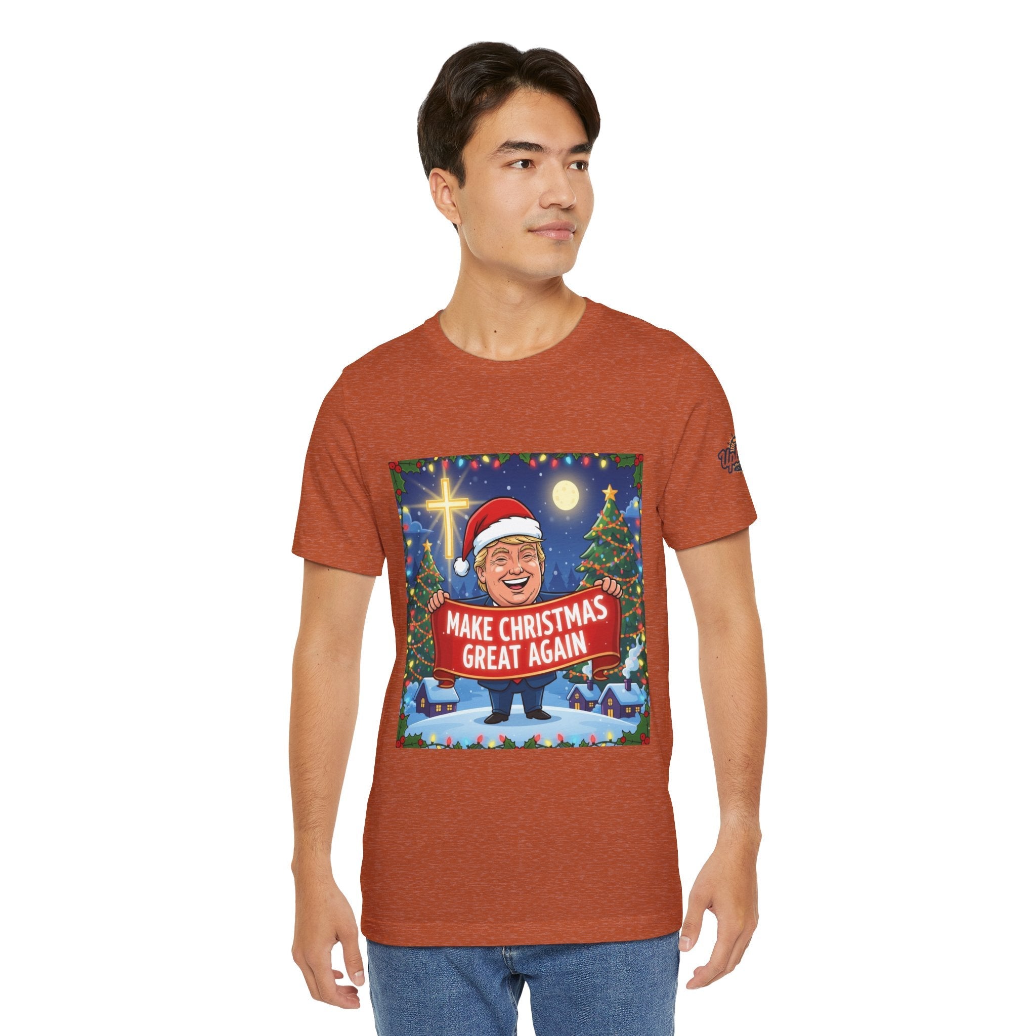 🎄 Make Christmas Great Again – Patriotic Christian Christmas T-Shirt | Bold Holiday Faith Tee | Red & White Banner Design | Uplifted Gear Printify