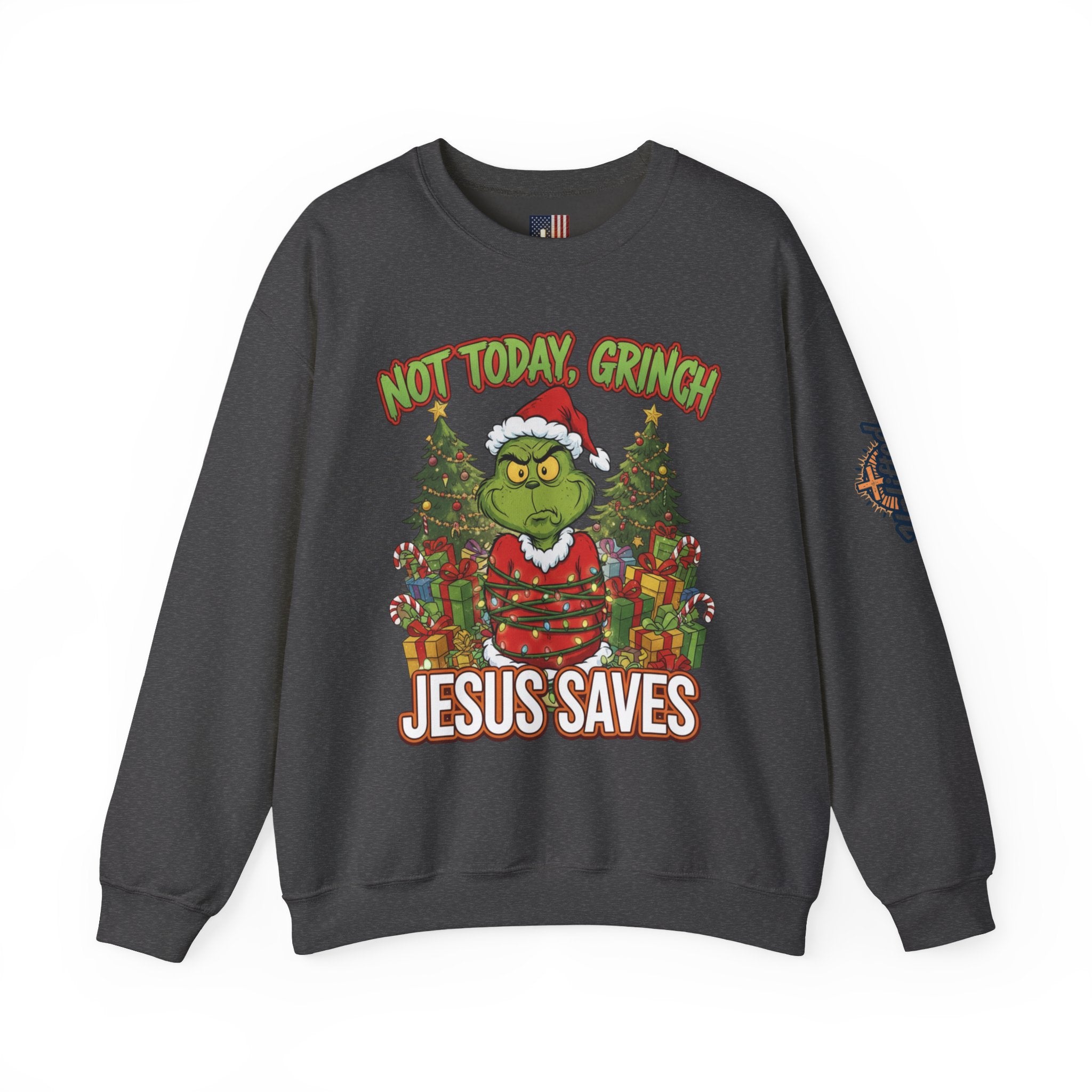 🎄 Not Today, Grinch – Jesus Saves | Funny Christian Christmas Sweatshirt | Sulking Grinch & Glowing Cross | Bold Neon Faith Tee by Uplifted Gear Printify