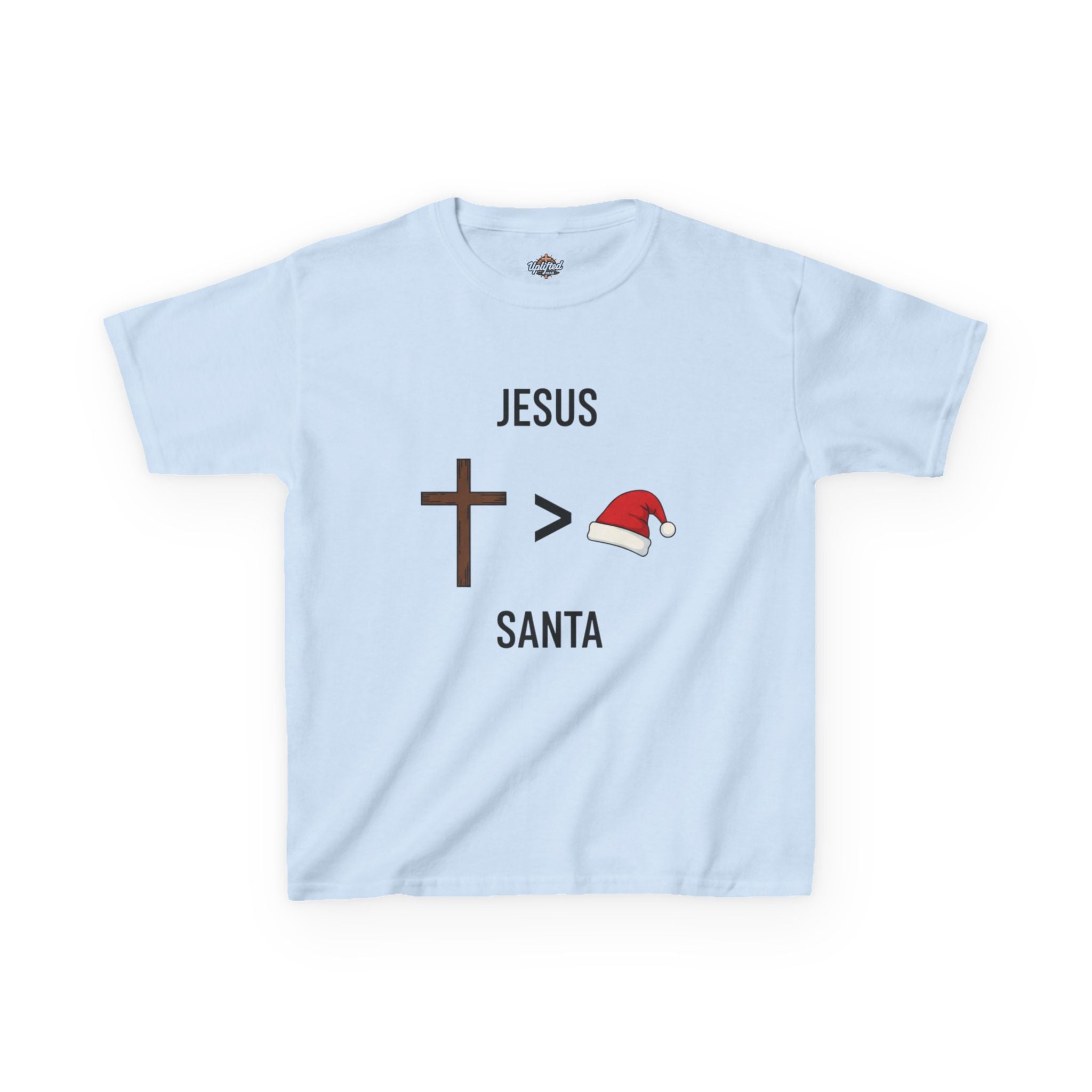 🎄 Jesus > Santa – Minimalist Christian Christmas Kids T-Shirt | Bold Faith Over Holiday Tee | Cross vs Santa Hat Design | Uplifted Gear Printify