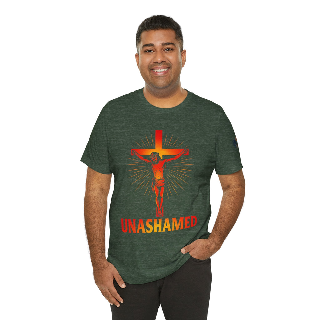 Unashamed T-shirt – Romans 1:16 Crucifixion Christian t-shirt for Bold Unwavering Faith Printify