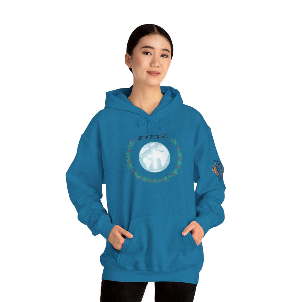 Joy to the World Hoodie – Wreath Earth Nativity Christian Christmas Sweatshirt for Isaiah 9:6 Holiday Faith & Festive Joy Printify