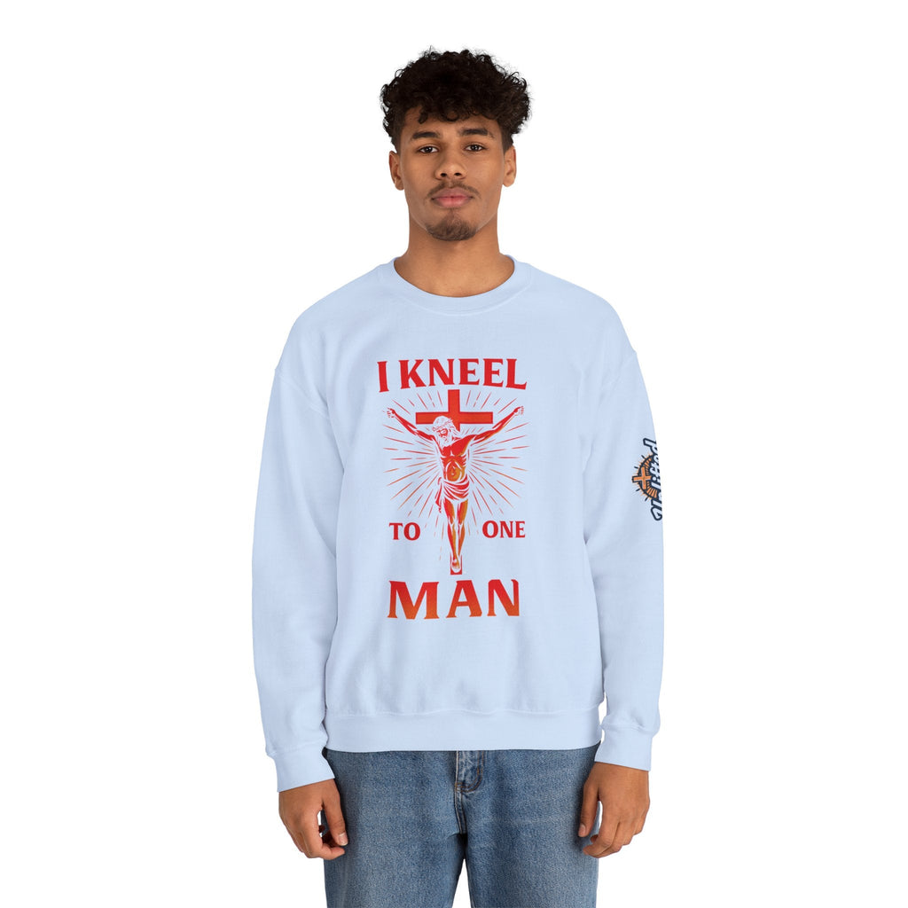 I Kneel to One Man Sweatshirt – Crucifixion Christian Sweatshirt for Unashamed Devotion & Bold Faith Printify