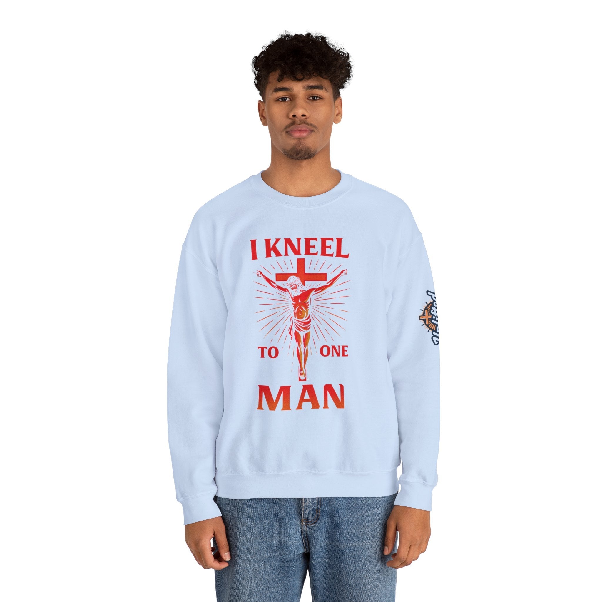 I Kneel to One Man Sweatshirt – Crucifixion Christian Sweatshirt for Unashamed Devotion & Bold Faith Printify