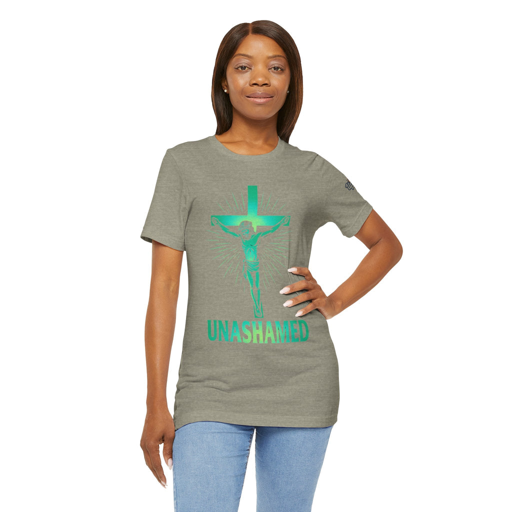 Unashamed T-shirt – Romans 1:16 Crucifixion Christian t-shirt for Bold Unwavering Faith Printify