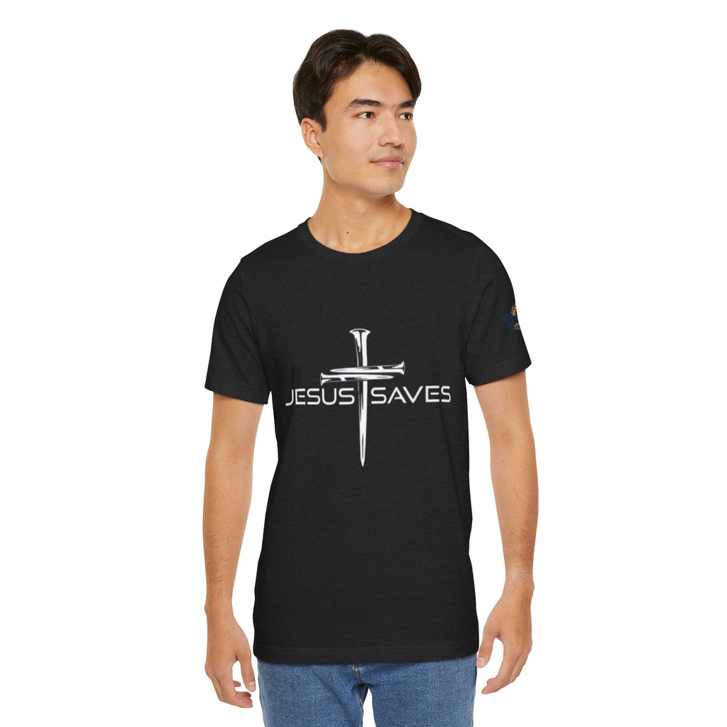 Jesus Saves T-shirt – 3 Nails Crucifix Cross Christian T-shirt for Redemption Faith & Bold Salvation Printify