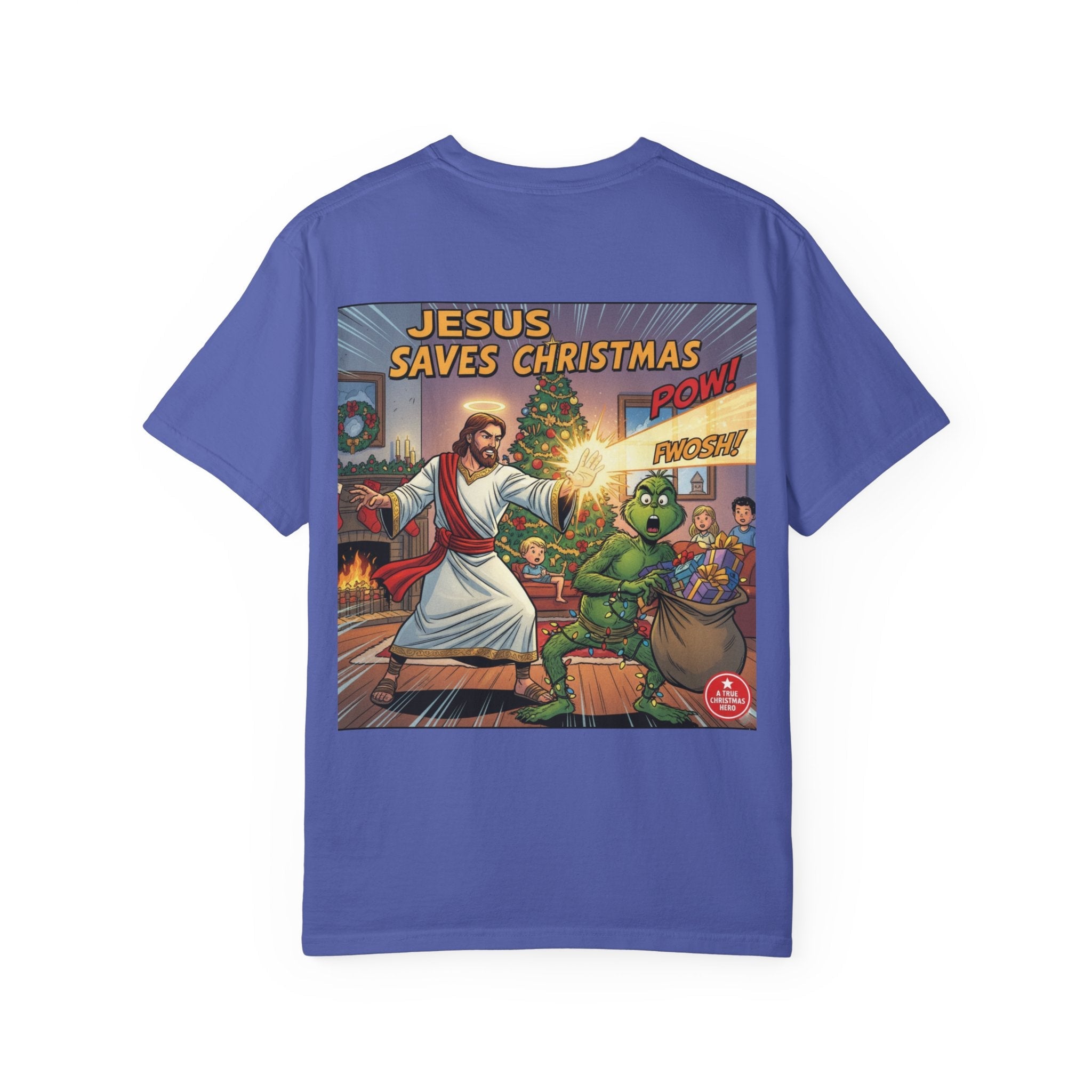 Jesus Saves Christmas T-shirt – Grinch vs Savior Light Battle Christian T-shirt for Hilarious Holiday Faith & True Joy Printify